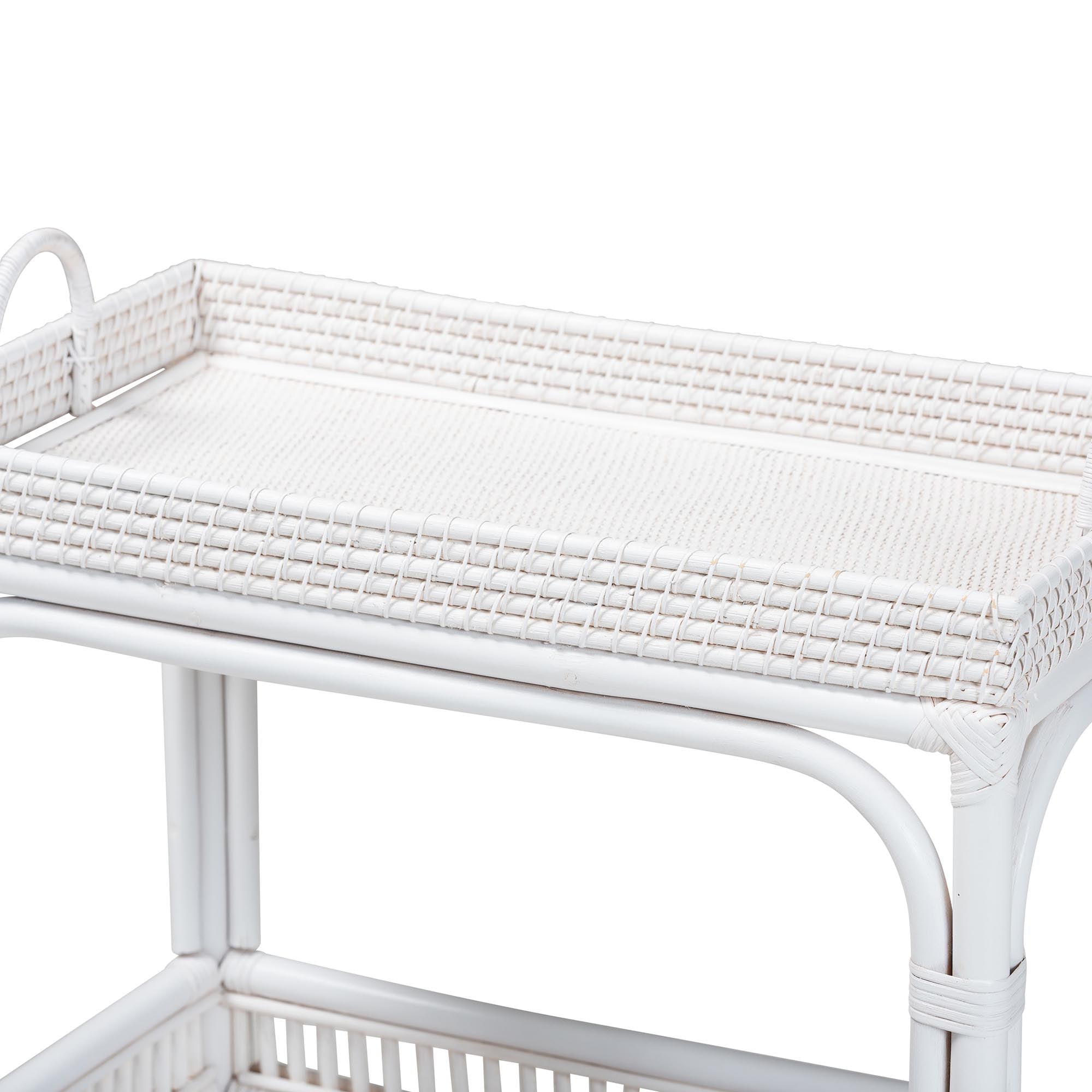 bali & pari Lombok Natural Rattan Wine Cart - Handwoven Wicker 2-Tier Mobile Bar Cart with Raised Tray Top Kitchen or Lounge, White