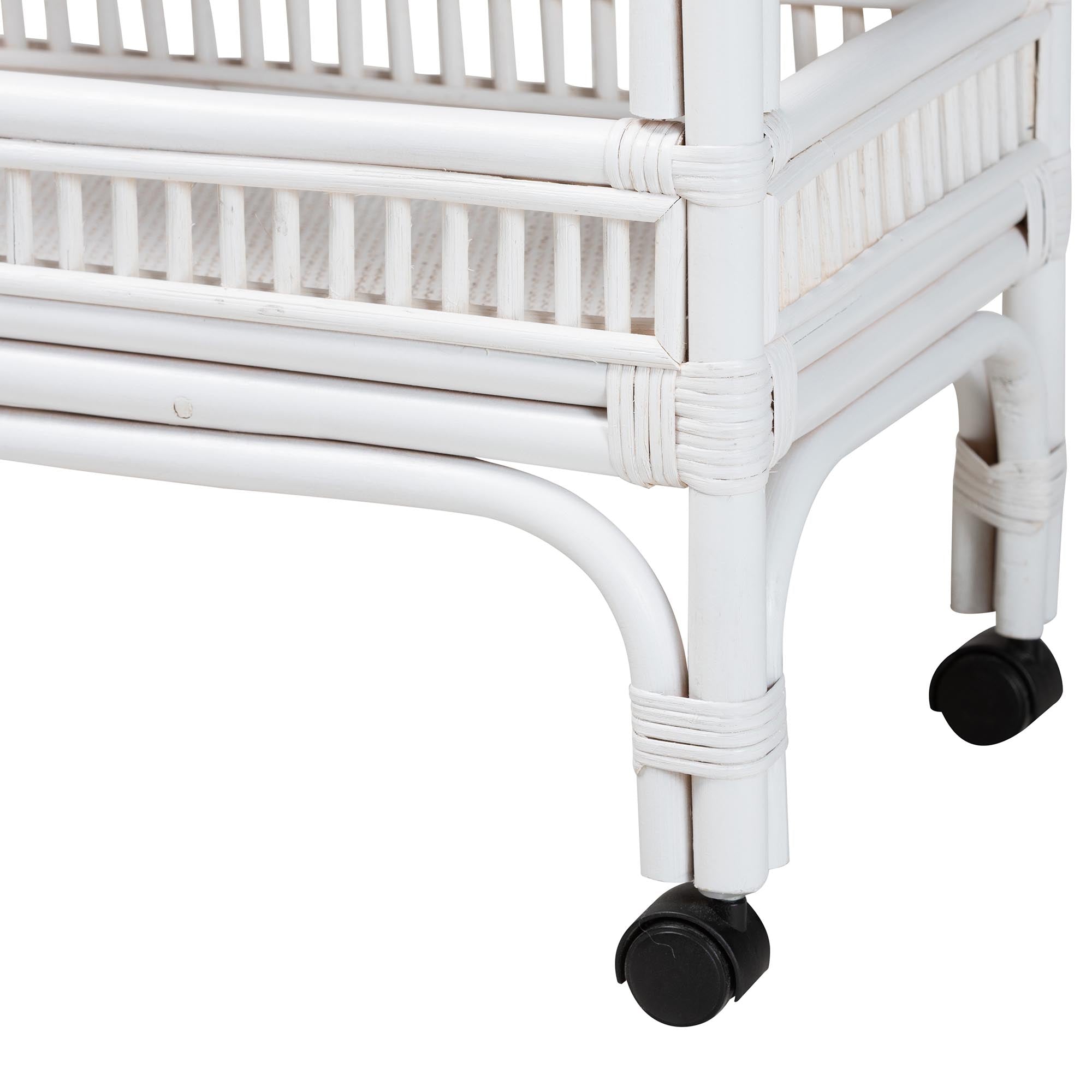 bali & pari Lombok Natural Rattan Wine Cart - Handwoven Wicker 2-Tier Mobile Bar Cart with Raised Tray Top Kitchen or Lounge, White
