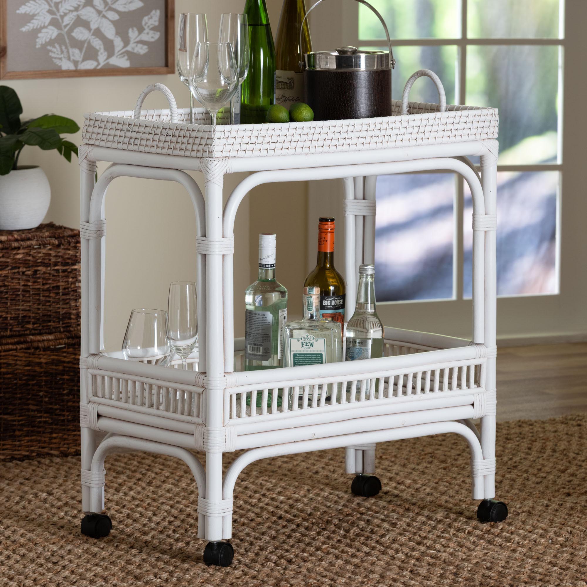 bali & pari Lombok Natural Rattan Wine Cart - Handwoven Wicker 2-Tier Mobile Bar Cart with Raised Tray Top Kitchen or Lounge, White