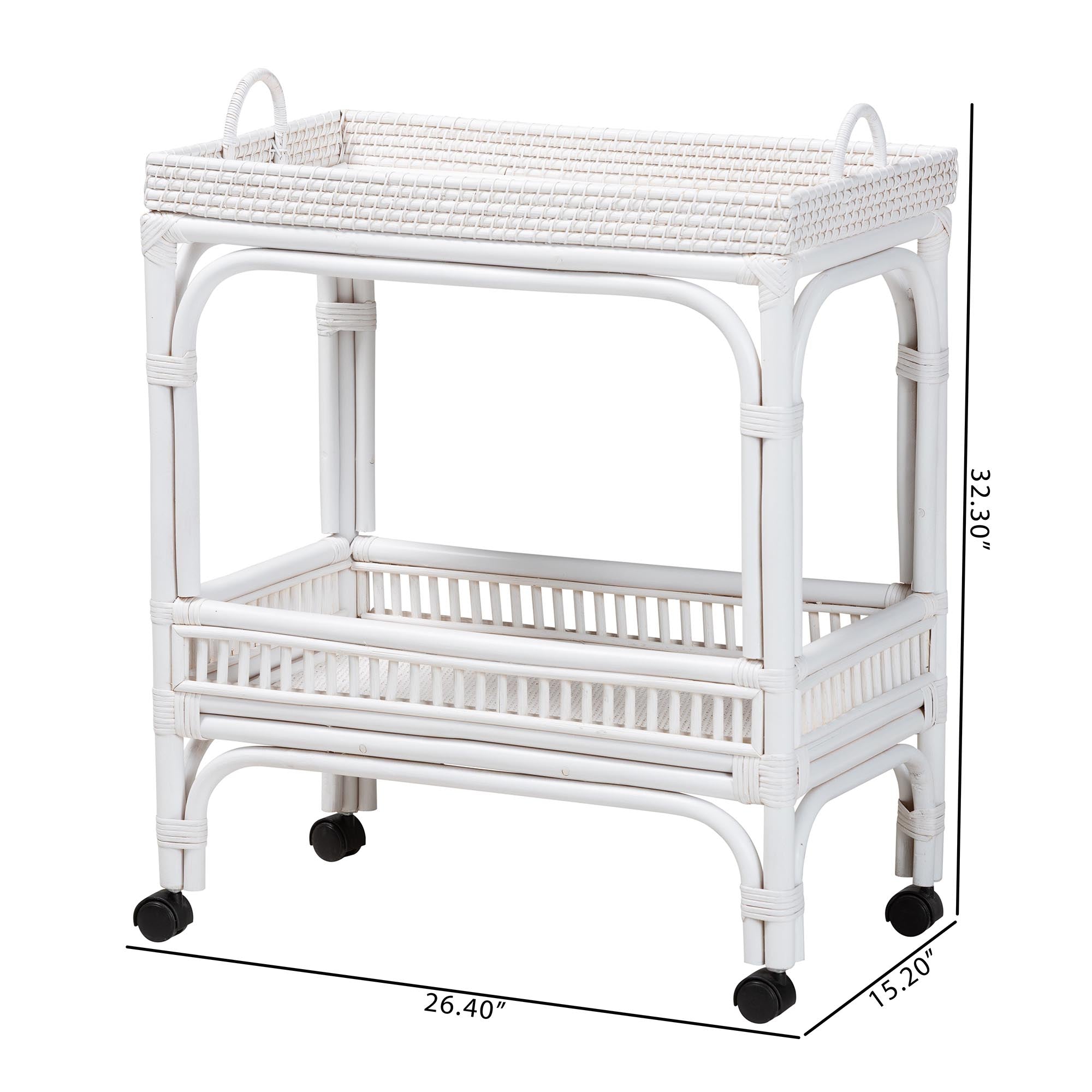 bali & pari Lombok Natural Rattan Wine Cart - Handwoven Wicker 2-Tier Mobile Bar Cart with Raised Tray Top Kitchen or Lounge, White