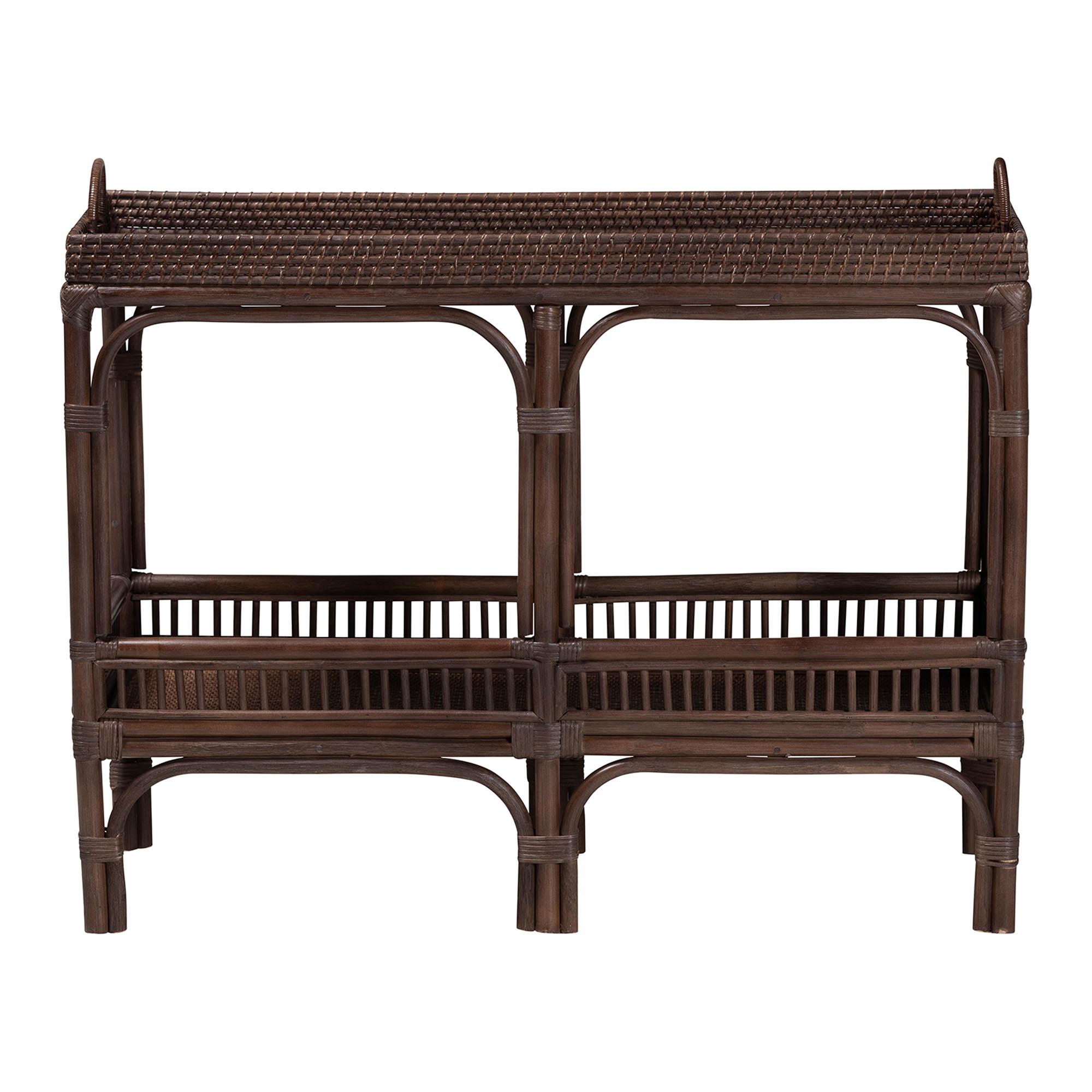 bali & pari Lombok Natural Rattan Console Table - Handwoven Wicker 2-Tier Accent Table with Raised Tray Top for Living Room or Entryway, Espresso