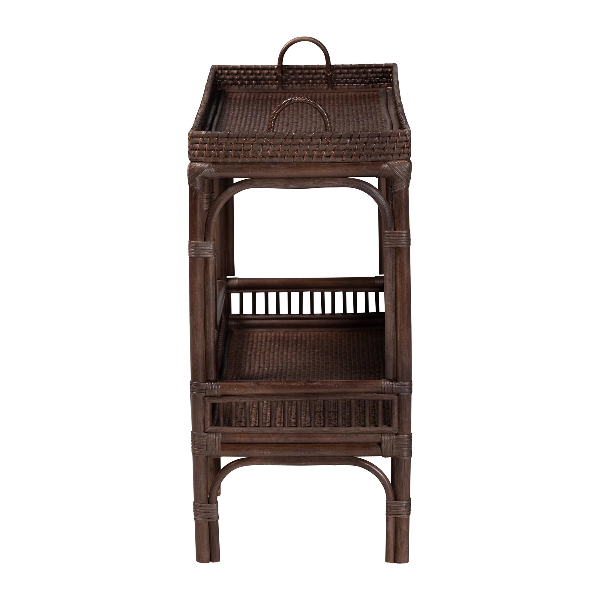 bali & pari Lombok Natural Rattan Console Table - Handwoven Wicker 2-Tier Accent Table with Raised Tray Top for Living Room or Entryway, Espresso