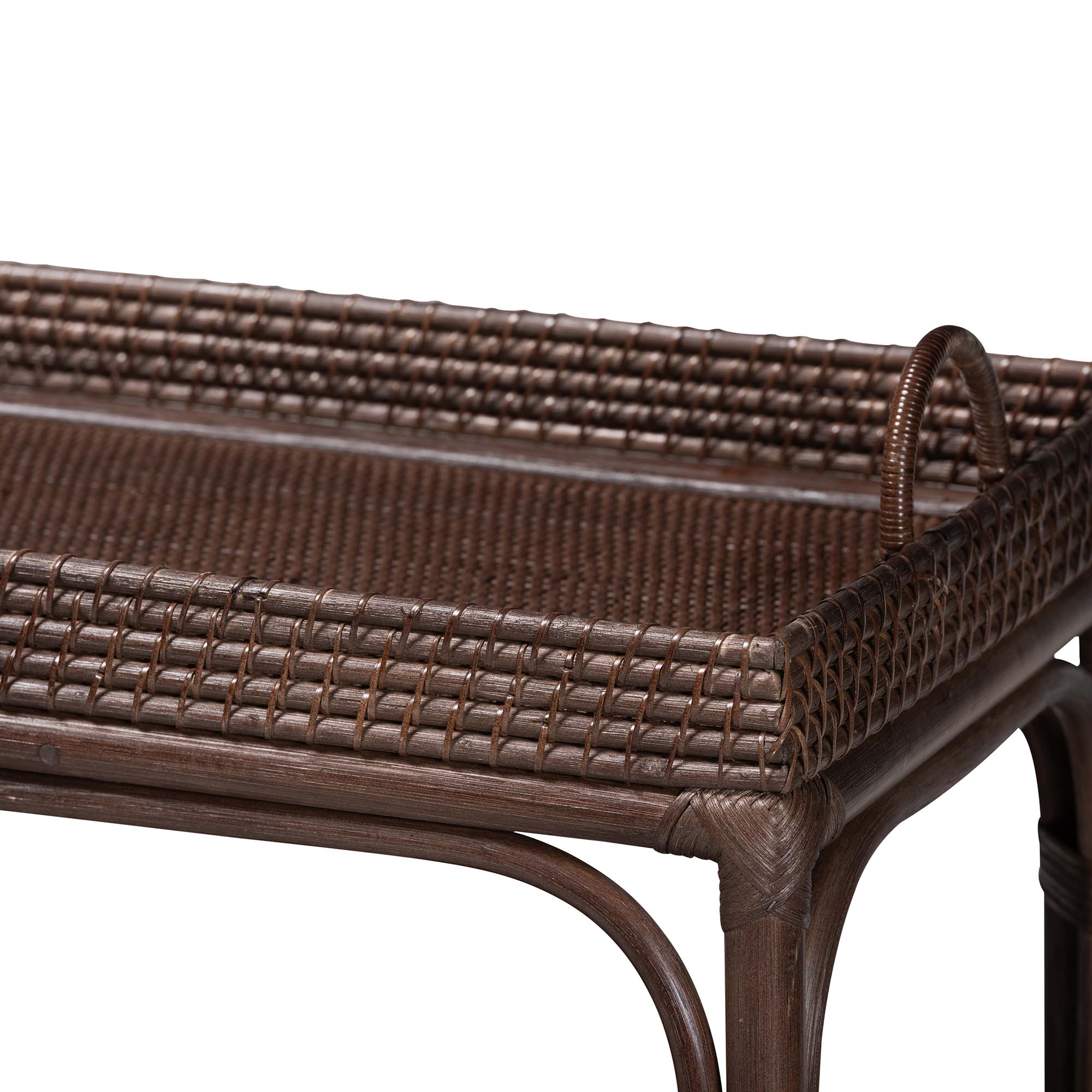 bali & pari Lombok Natural Rattan Console Table - Handwoven Wicker 2-Tier Accent Table with Raised Tray Top for Living Room or Entryway, Espresso