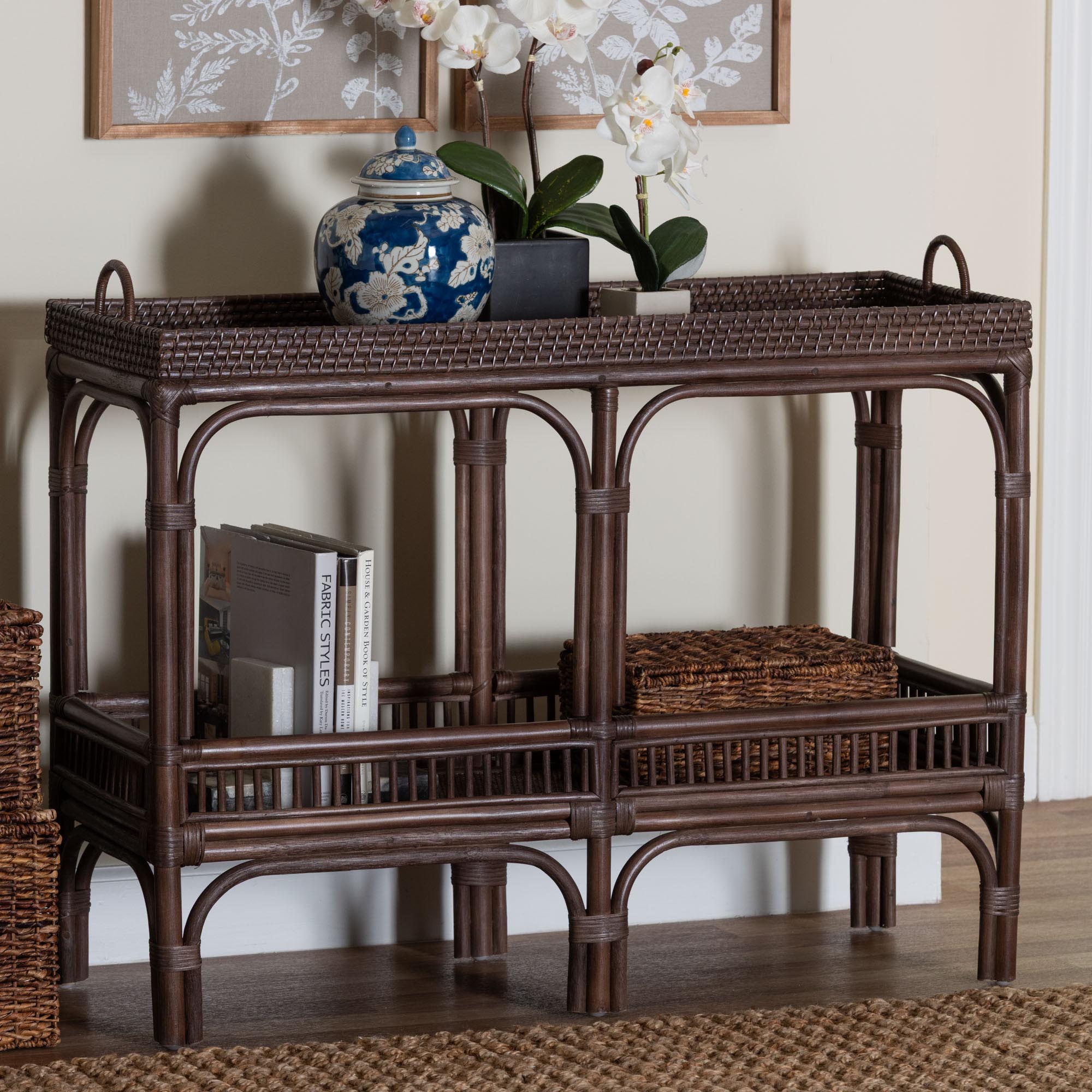 bali & pari Lombok Natural Rattan Console Table - Handwoven Wicker 2-Tier Accent Table with Raised Tray Top for Living Room or Entryway, Espresso