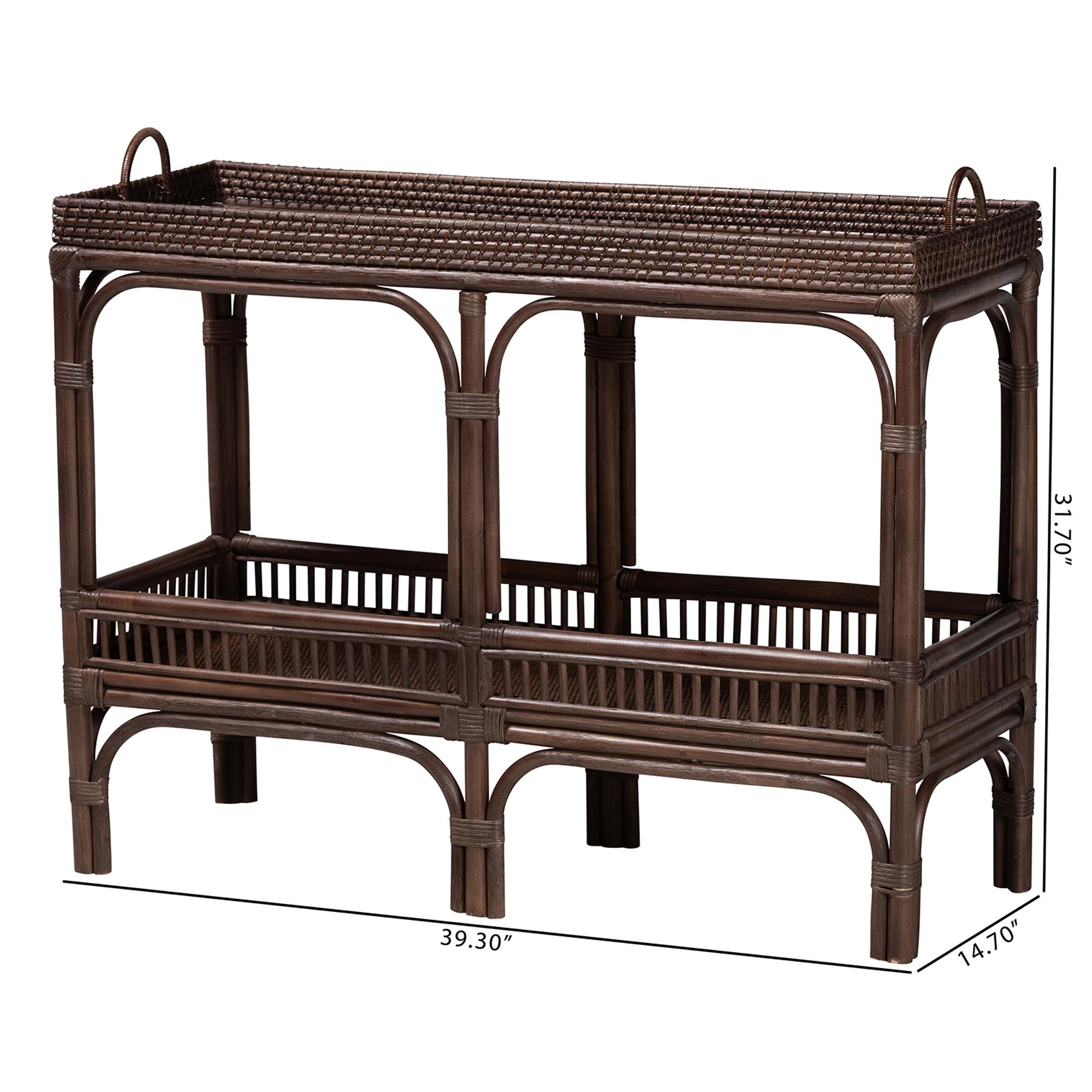 bali & pari Lombok Natural Rattan Console Table - Handwoven Wicker 2-Tier Accent Table with Raised Tray Top for Living Room or Entryway, Espresso