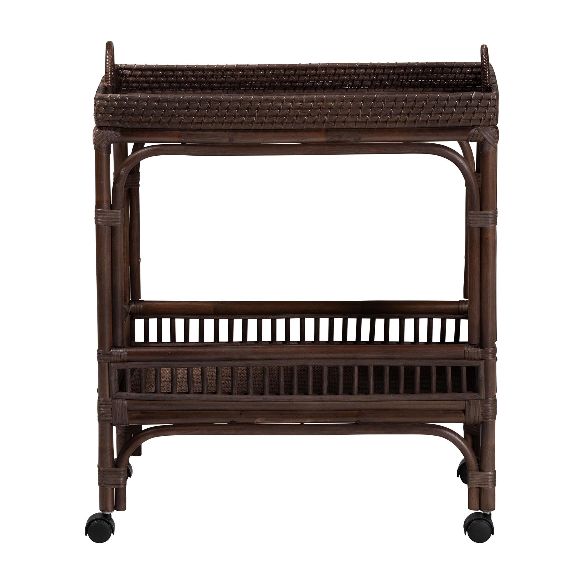 bali & pari Lombok Natural Rattan Wine Cart - Handwoven Wicker 2-Tier Mobile Bar Cart with Raised Tray Top Kitchen or Lounge, Espresso