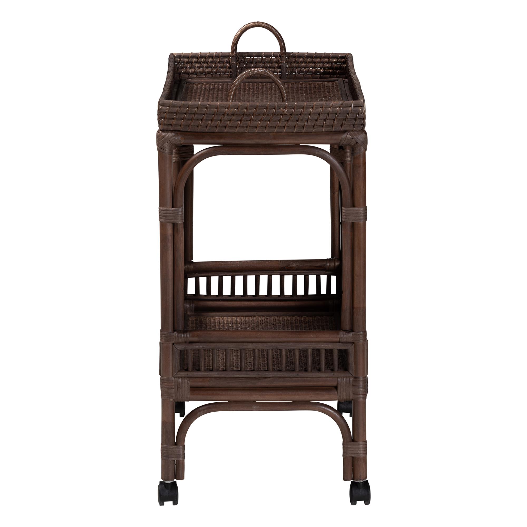 bali & pari Lombok Natural Rattan Wine Cart - Handwoven Wicker 2-Tier Mobile Bar Cart with Raised Tray Top Kitchen or Lounge, Espresso