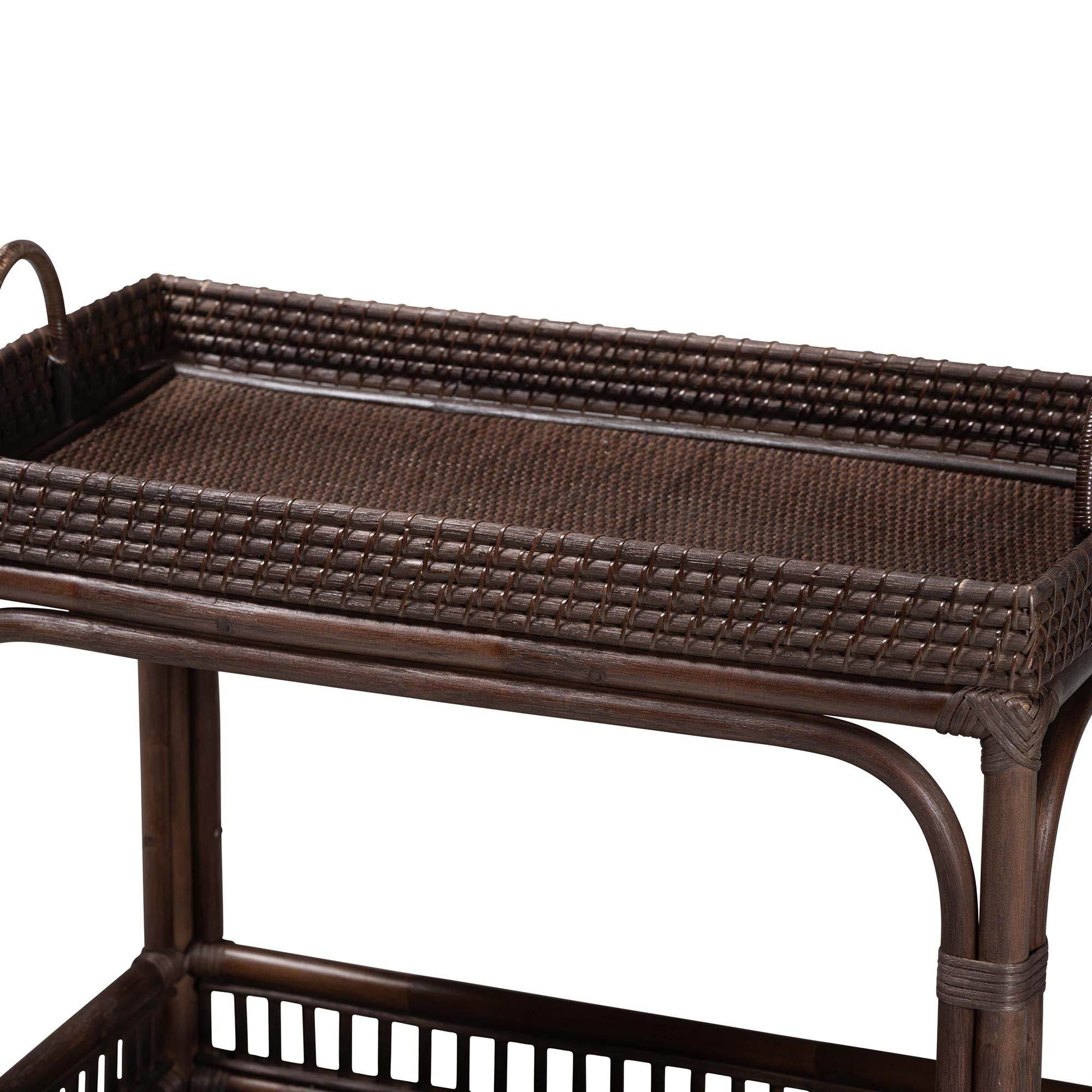 bali & pari Lombok Natural Rattan Wine Cart - Handwoven Wicker 2-Tier Mobile Bar Cart with Raised Tray Top Kitchen or Lounge, Espresso