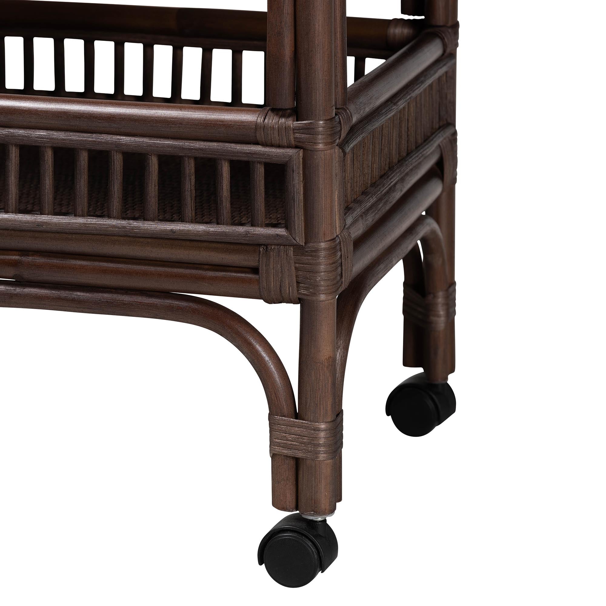 bali & pari Lombok Natural Rattan Wine Cart - Handwoven Wicker 2-Tier Mobile Bar Cart with Raised Tray Top Kitchen or Lounge, Espresso