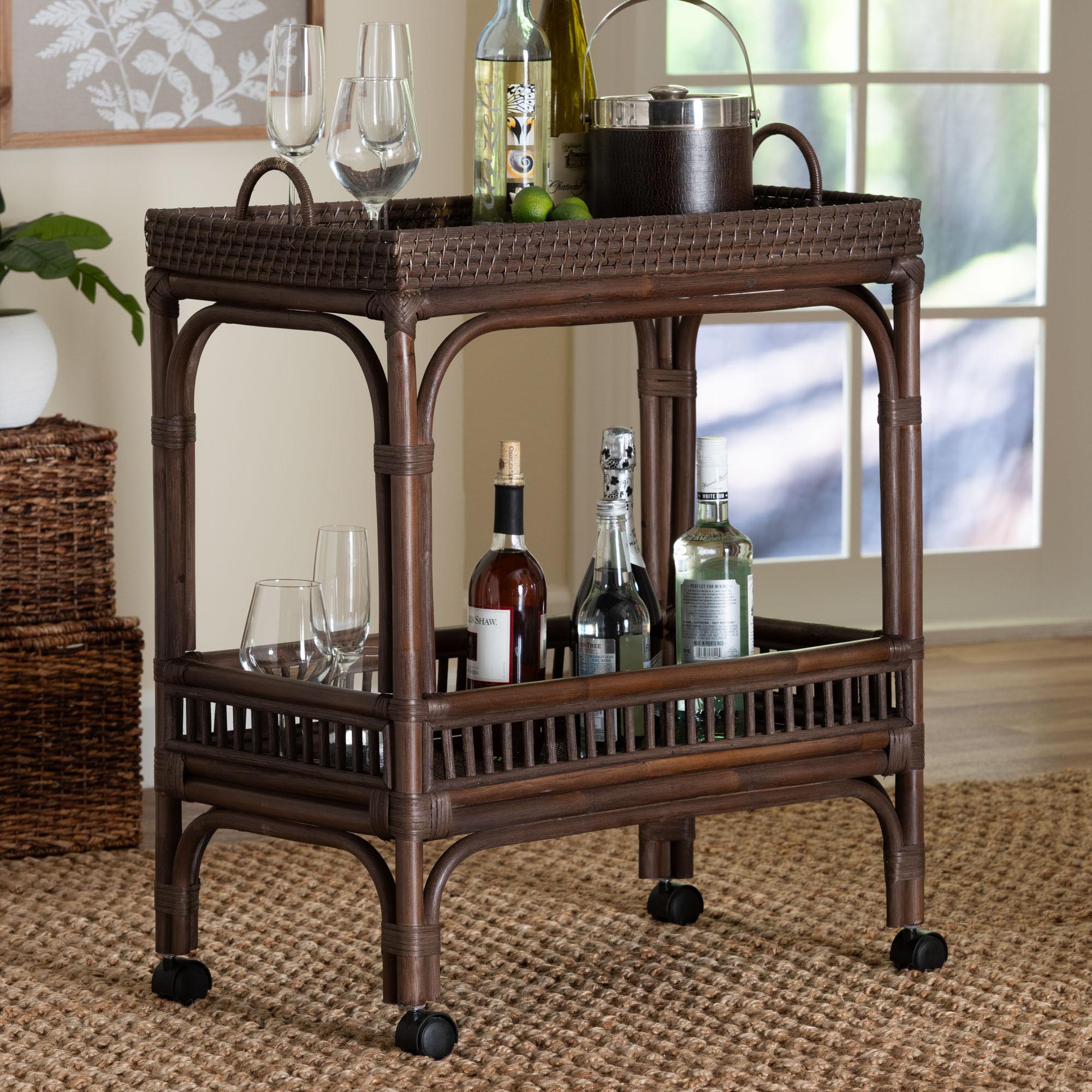 bali & pari Lombok Natural Rattan Wine Cart - Handwoven Wicker 2-Tier Mobile Bar Cart with Raised Tray Top Kitchen or Lounge, Espresso
