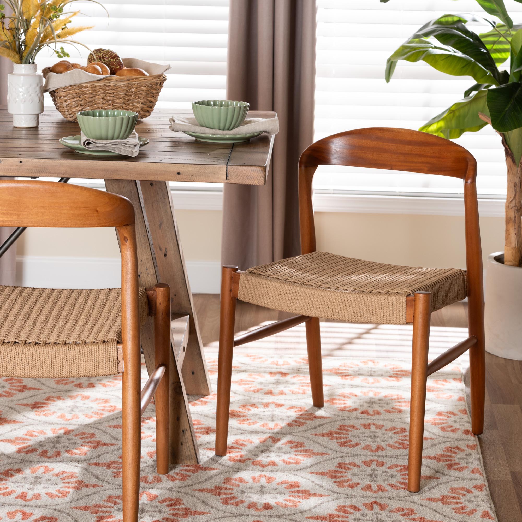 bali & pari Lorena Paper Loom Woven Dining Chair - Mahogany Wood Frame Accent Chair with Curved Back for Kitchen or Dining Room Seating