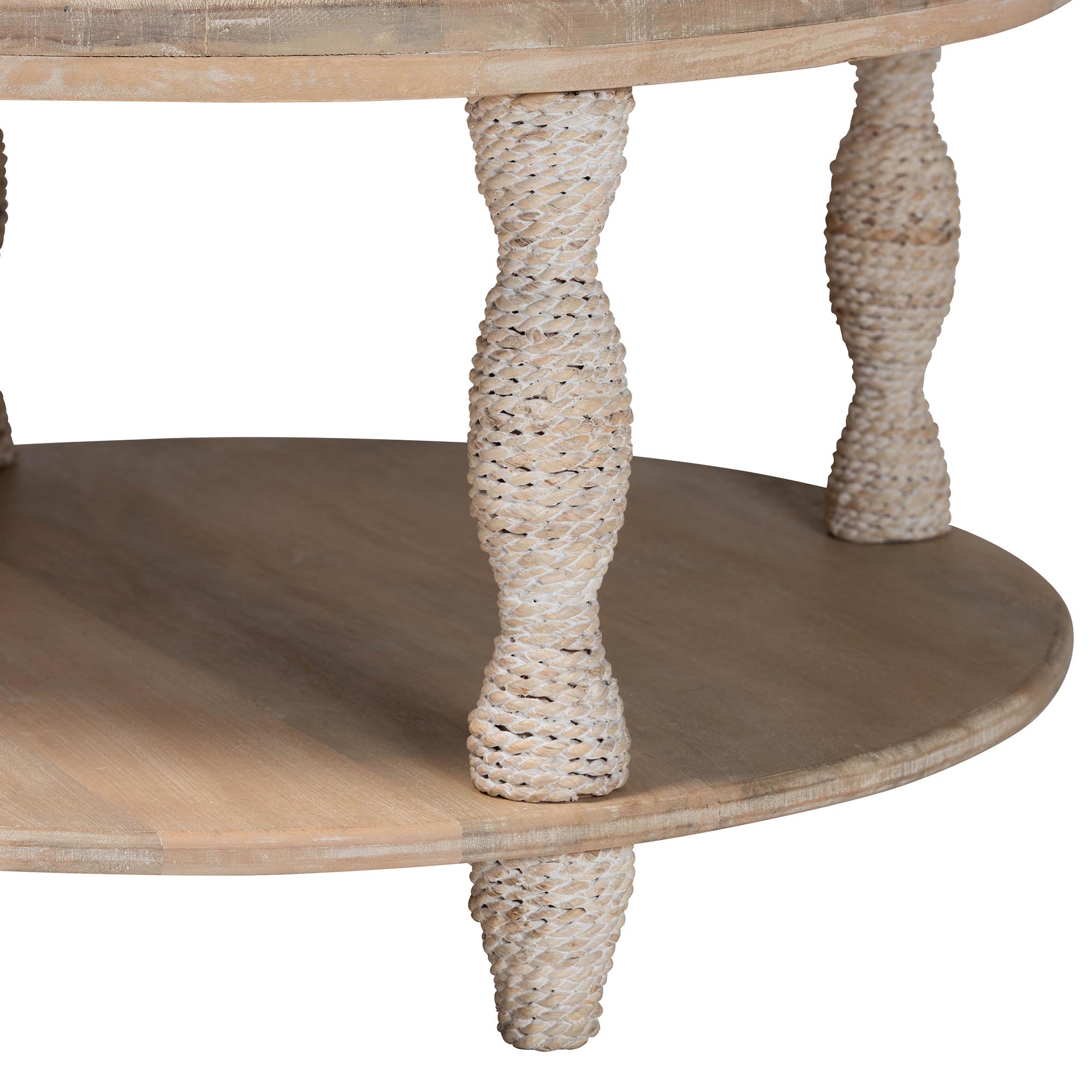 bali & pari Lejane Wood Coffee Table with Seagrass Wrapped Legs - Round Living Room Table with Open Shelf Storage