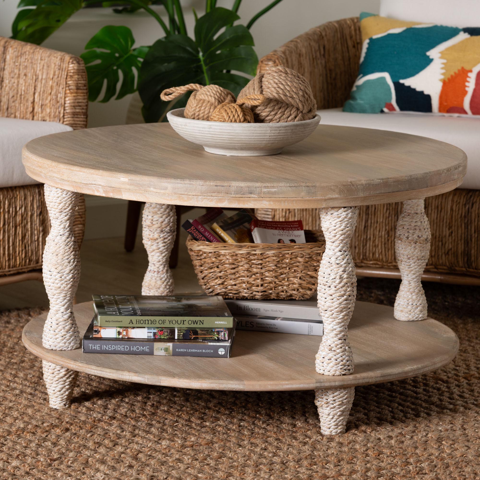 bali & pari Lejane Wood Coffee Table with Seagrass Wrapped Legs - Round Living Room Table with Open Shelf Storage