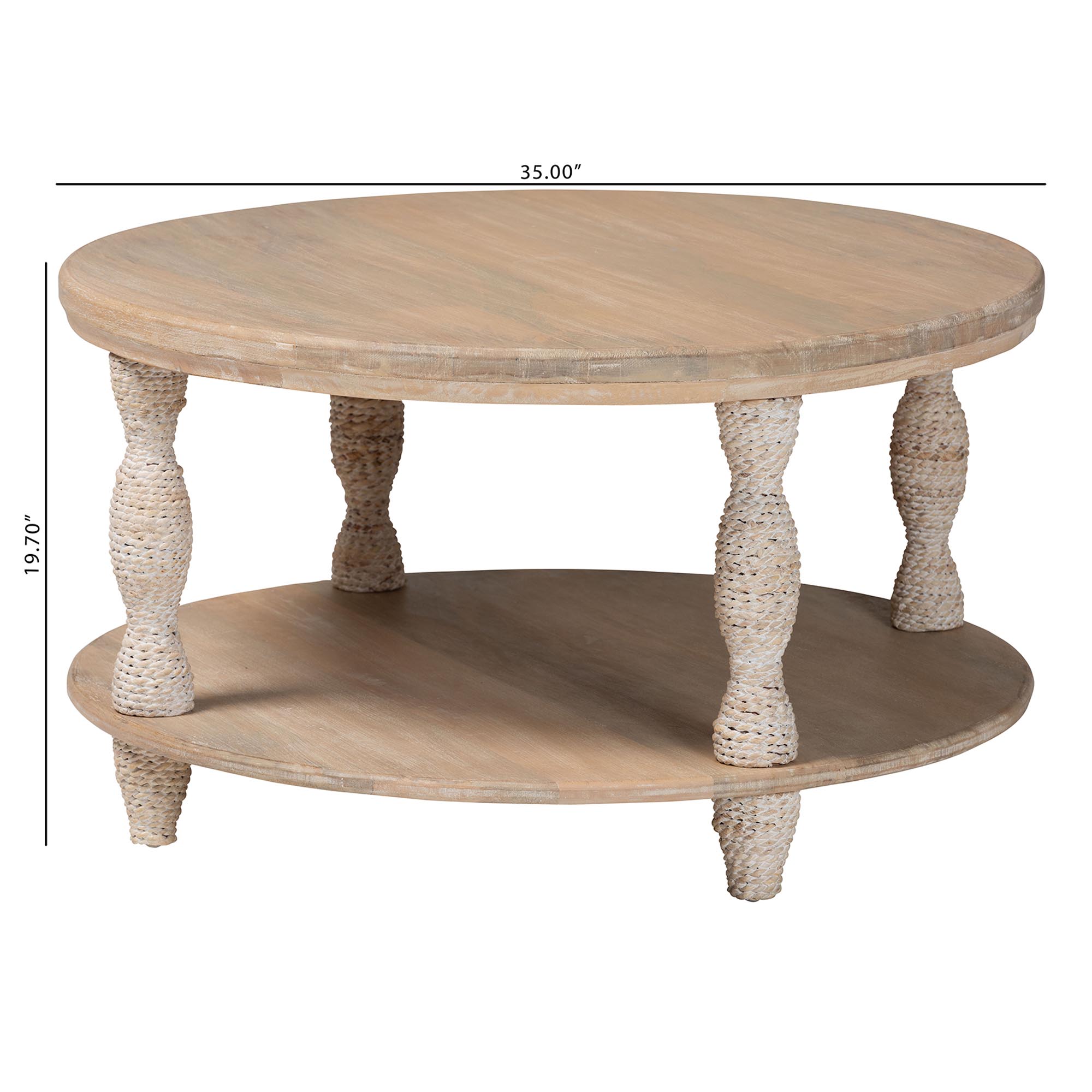 bali & pari Lejane Wood Coffee Table with Seagrass Wrapped Legs - Round Living Room Table with Open Shelf Storage