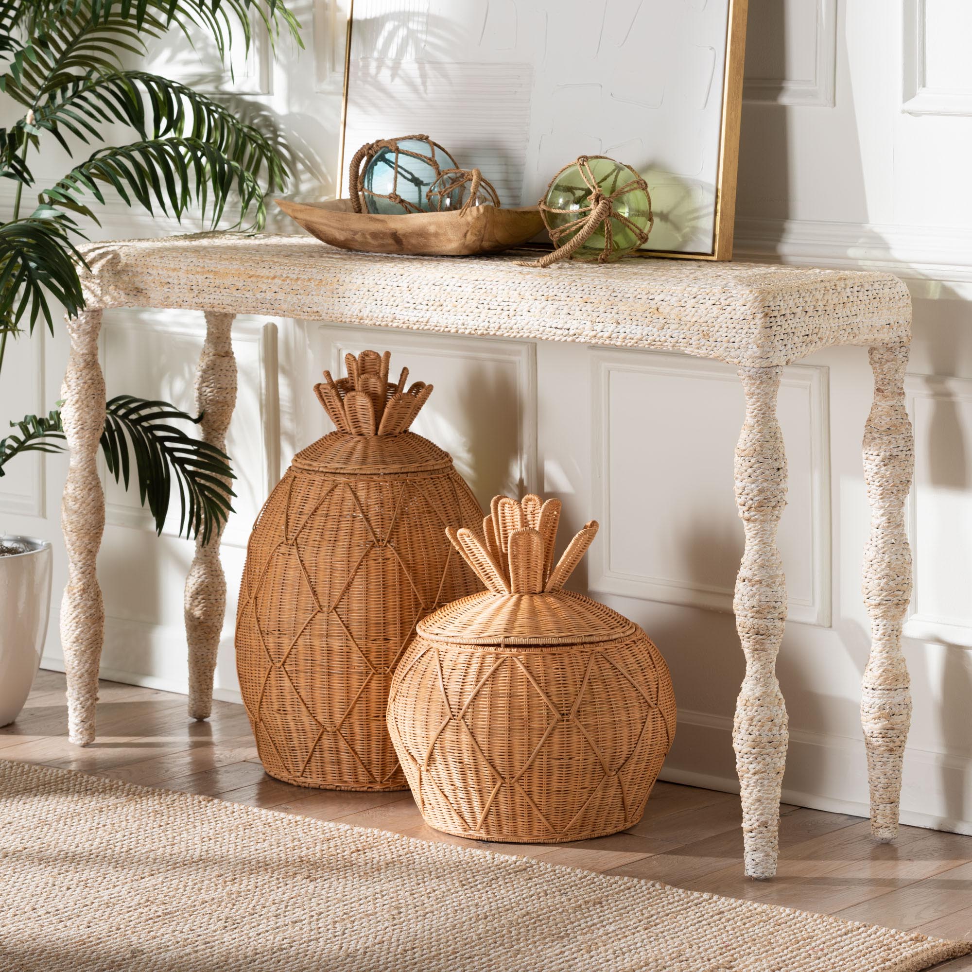 bali & pari Lejane Woven Seagrass Console Table - Handwoven Wicker Waterfall Accent Table with for Entryway, Living Room, or Hallway