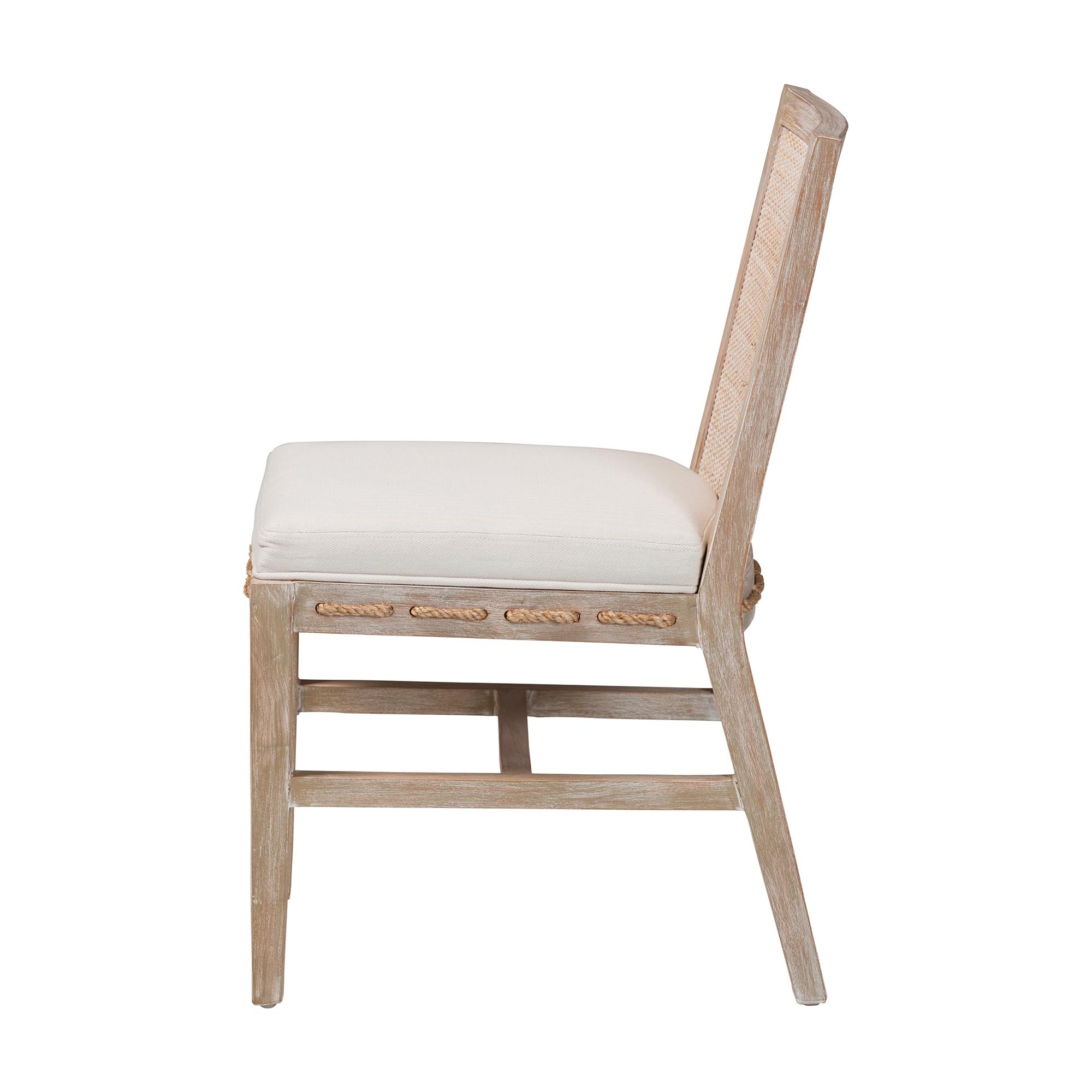 bali & pari Ashford Whitewash Rattan Dining Chair - Mahogany Wood Frame with Handwoven Wicker Backrest and Braided Rope Inserts for Coastal Dining Room