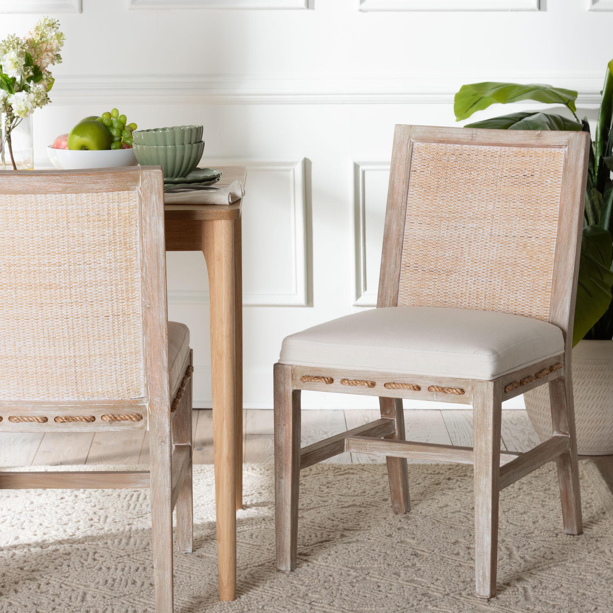 bali & pari Ashford Whitewash Rattan Dining Chair - Mahogany Wood Frame with Handwoven Wicker Backrest and Braided Rope Inserts for Coastal Dining Room