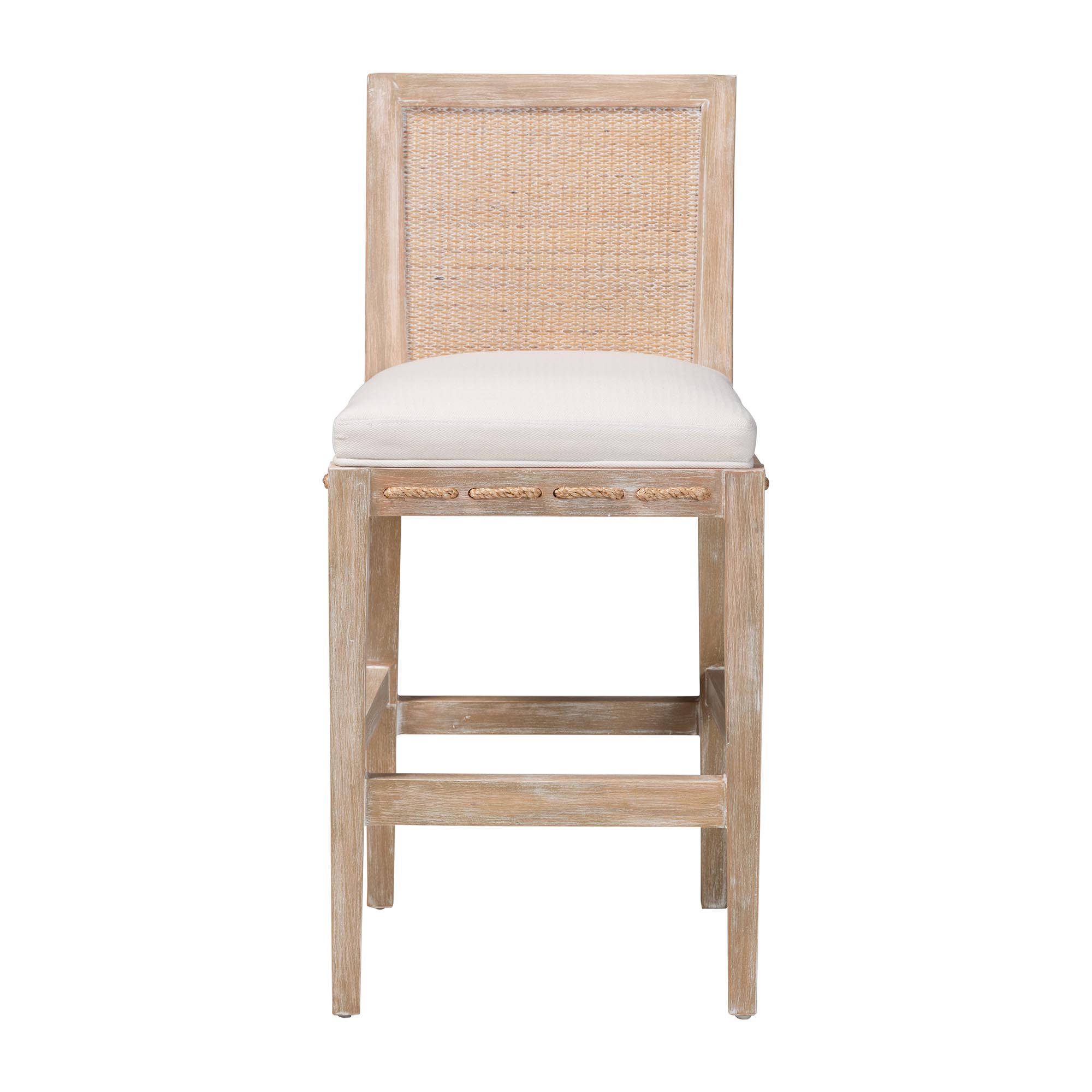 bali & pari Ashford Whitewash Rattan Counter Stool - Mahogany Wood Frame with Handwoven Wicker Backrest and Braided Rope Inserts for Coastal Kitchen