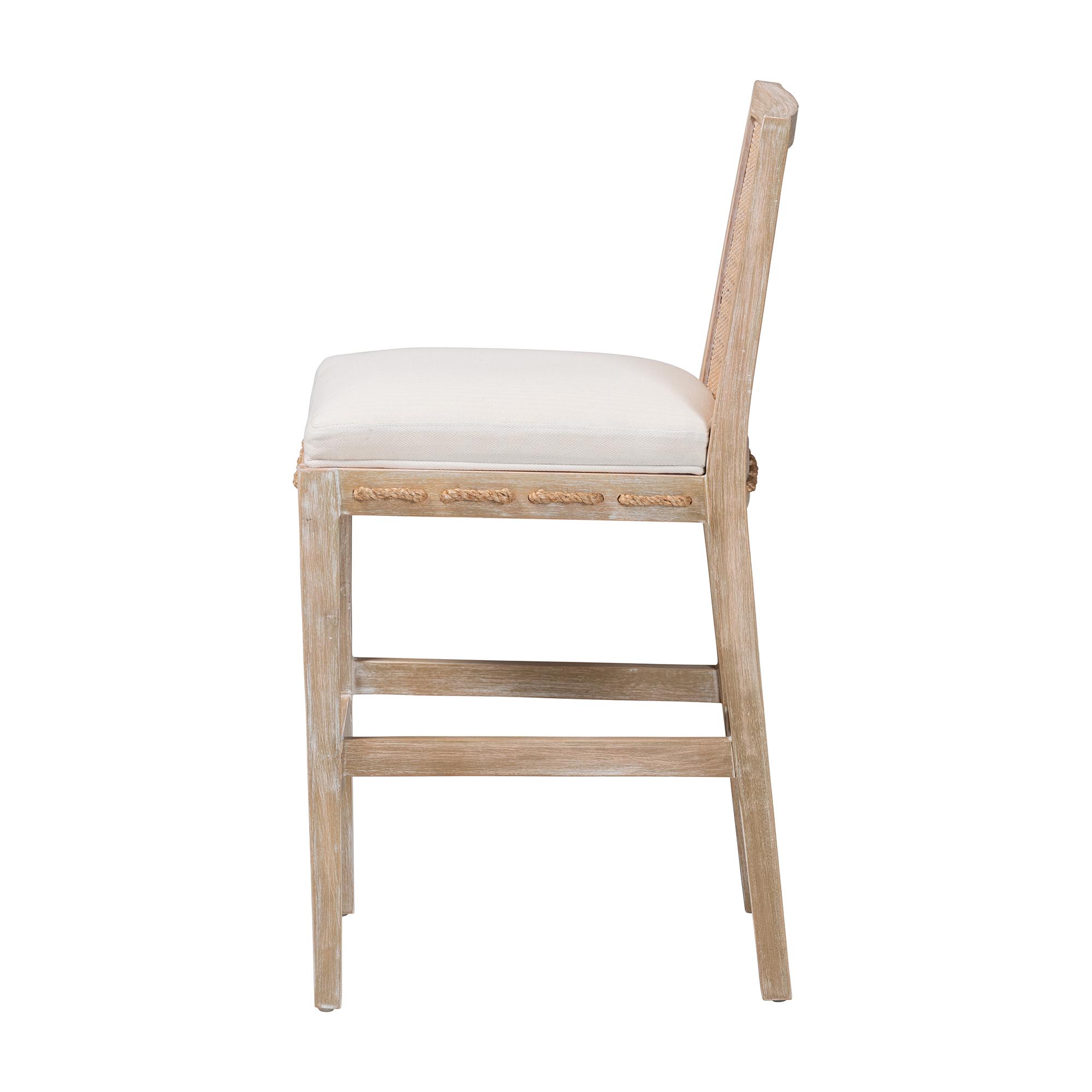 bali & pari Ashford Whitewash Rattan Counter Stool - Mahogany Wood Frame with Handwoven Wicker Backrest and Braided Rope Inserts for Coastal Kitchen