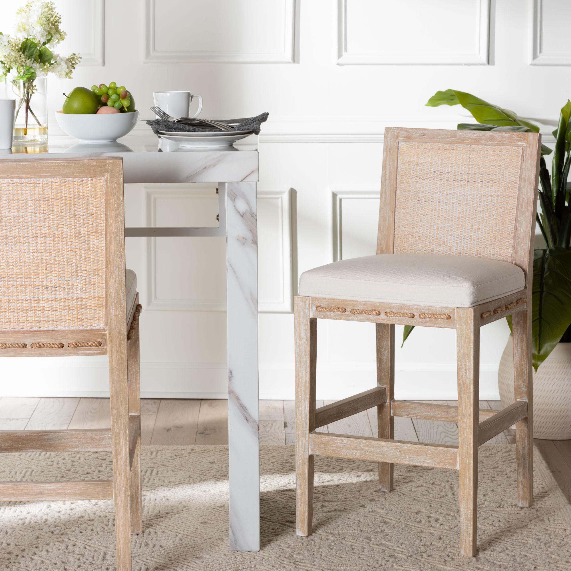 bali & pari Ashford Whitewash Rattan Counter Stool - Mahogany Wood Frame with Handwoven Wicker Backrest and Braided Rope Inserts for Coastal Kitchen