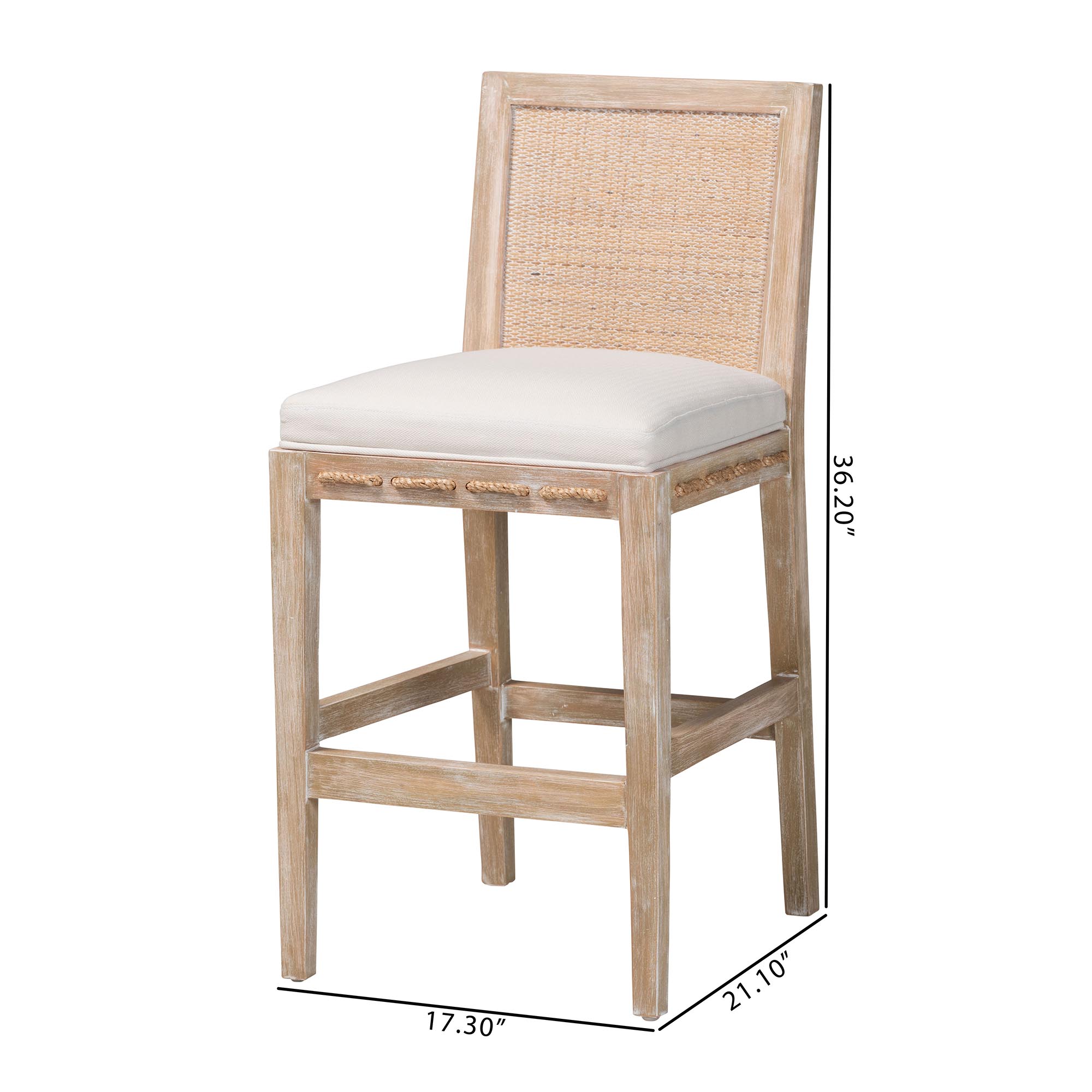 bali & pari Ashford Whitewash Rattan Counter Stool - Mahogany Wood Frame with Handwoven Wicker Backrest and Braided Rope Inserts for Coastal Kitchen