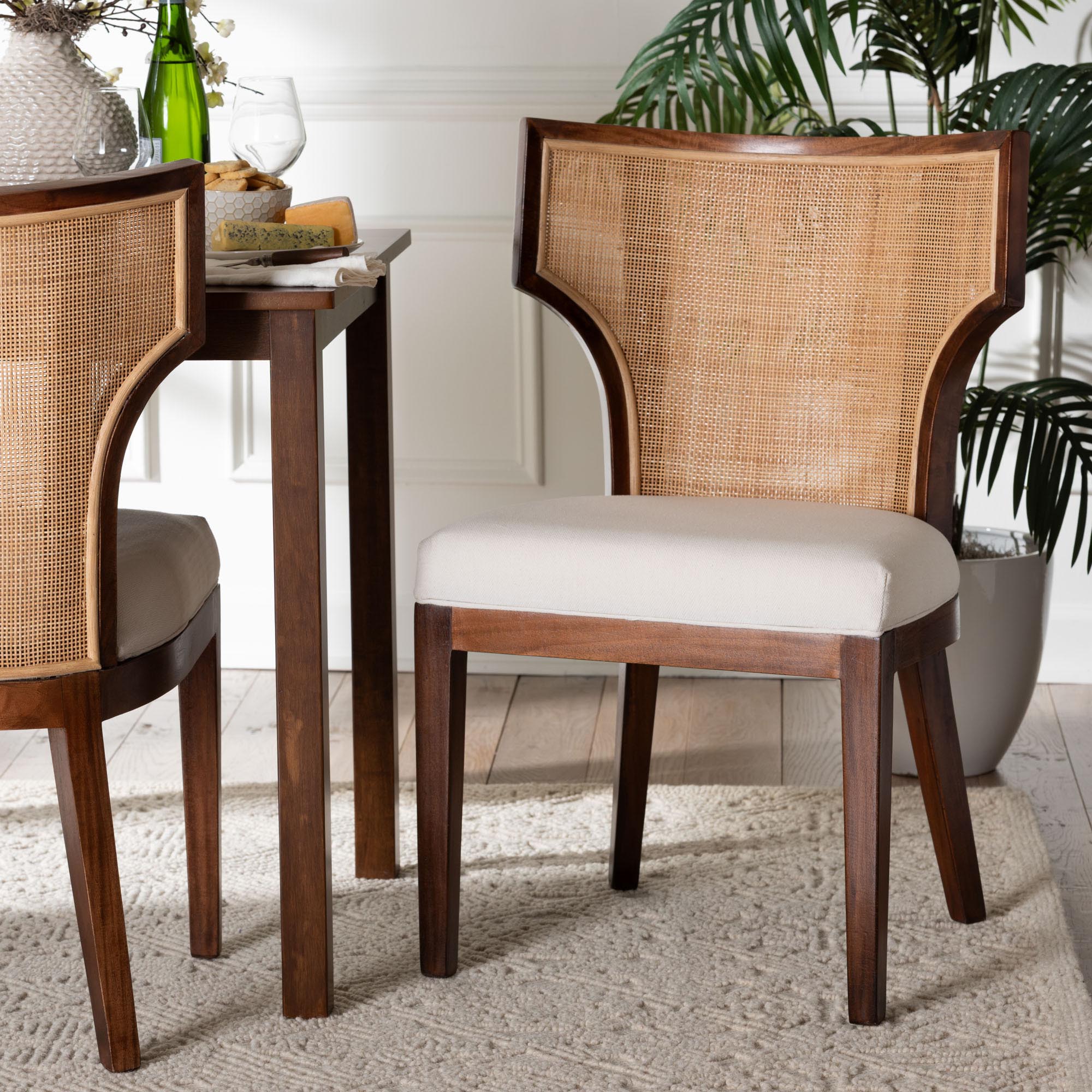 bali & pari Franco Dining Chair - Sculpted Seating with Woven Rattan Backrest and Upholstered Seat for Kitchen or Dining Room