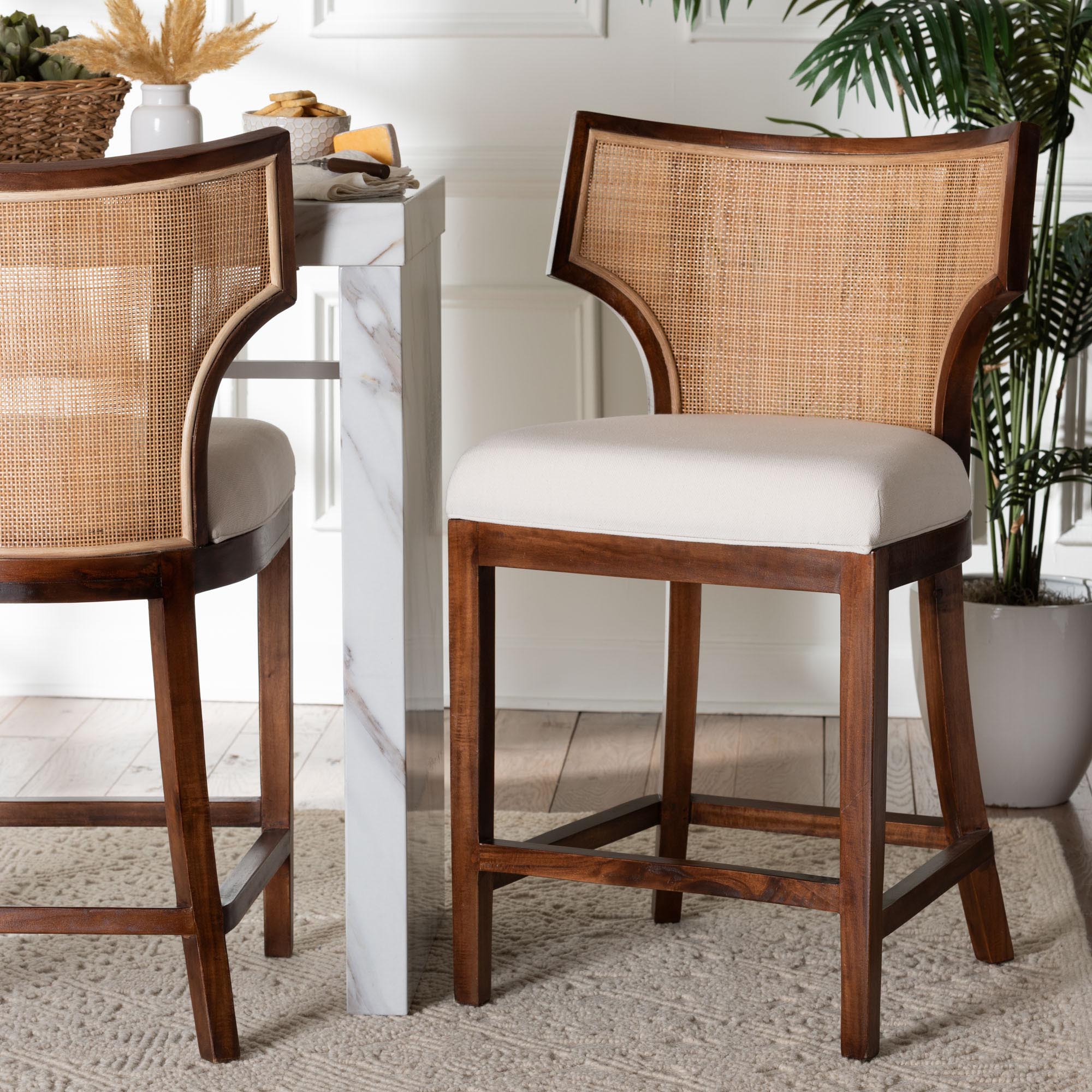 bali & pari Franco Counter Stool - Sculpted Seating with Woven Rattan Backrest and Upholstered Seat for Kitchen or Lounge