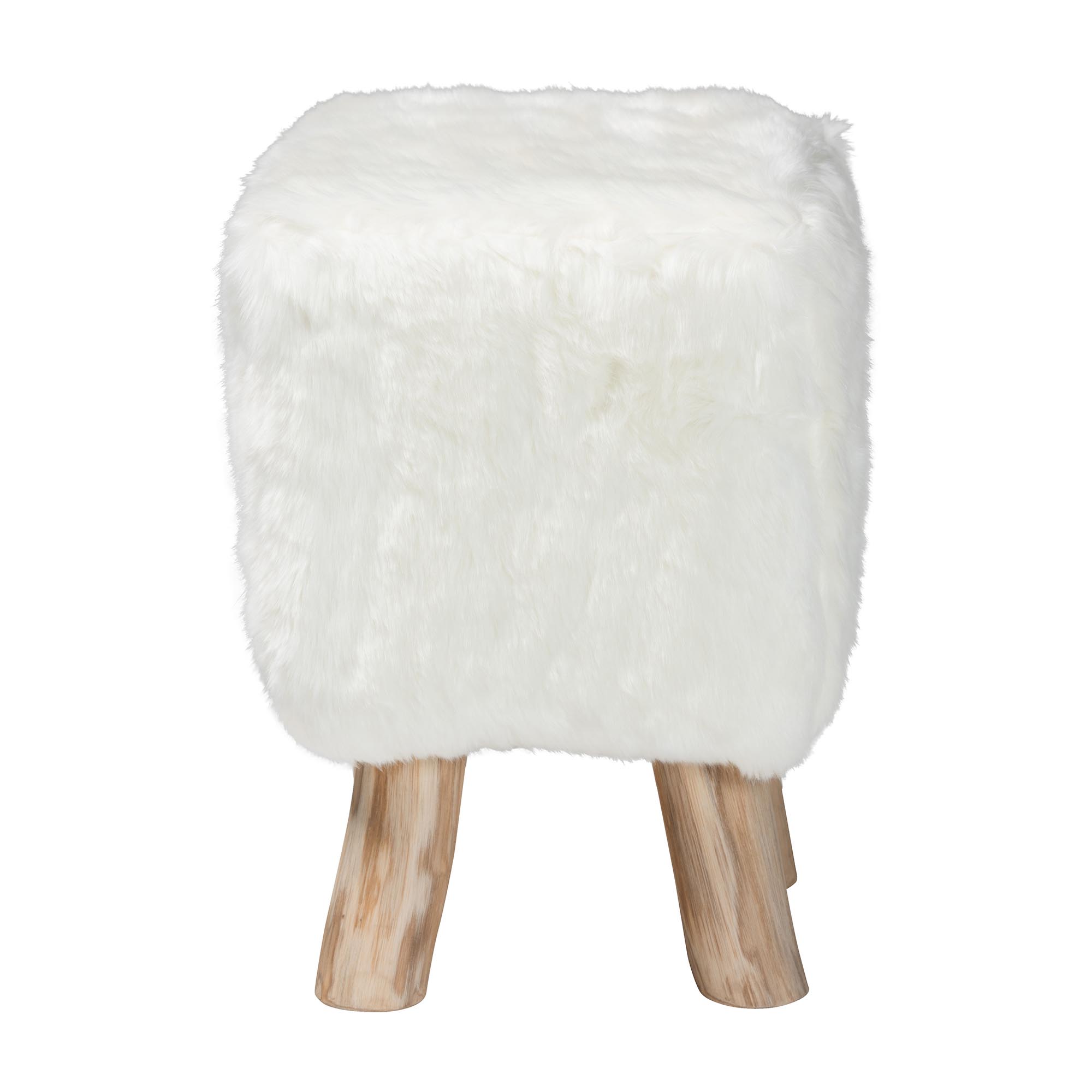 bali & pari Scotlyn Faux Fur Footstool with Teak Wood Legs - Rustic Boho Accent Seat, Handmade Decorative Footrest for Living Room or Bedroom, White