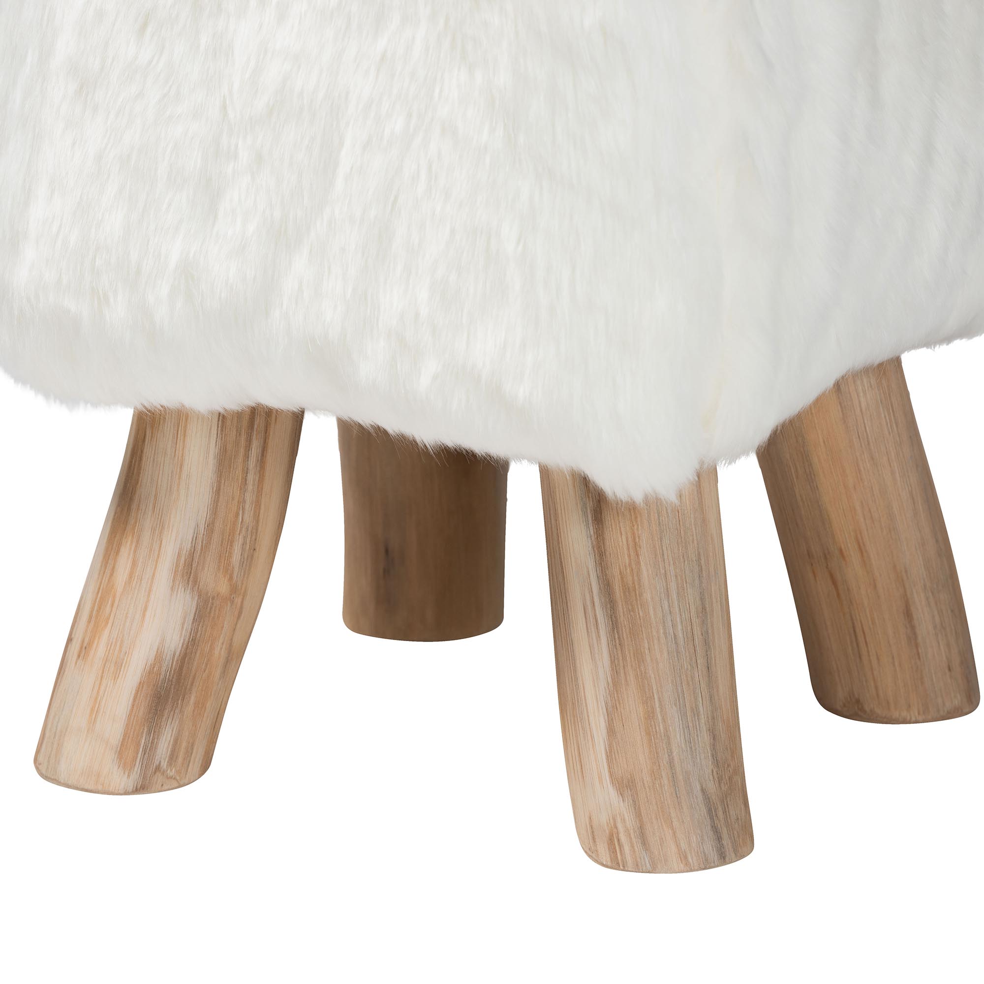 bali & pari Scotlyn Faux Fur Footstool with Teak Wood Legs - Rustic Boho Accent Seat, Handmade Decorative Footrest for Living Room or Bedroom, White
