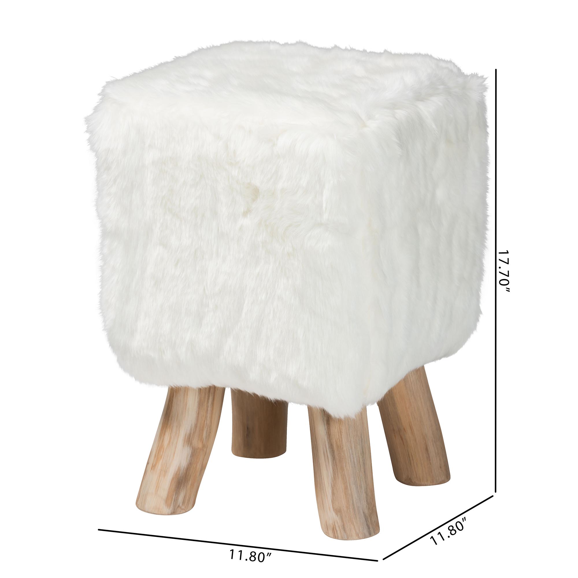 bali & pari Scotlyn Faux Fur Footstool with Teak Wood Legs - Rustic Boho Accent Seat, Handmade Decorative Footrest for Living Room or Bedroom, White