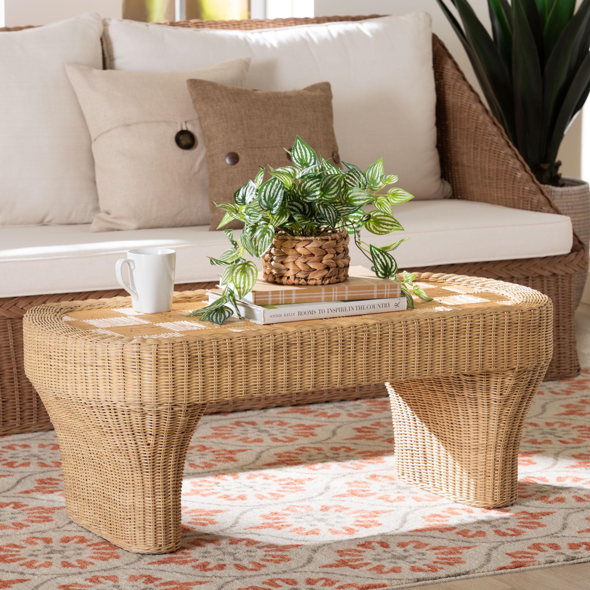 bali & pari Canika Natural Rattan Coffee Table - Handwoven Wicker Accent Table with Checkered Tabletop and Waterfall Base for Living Room or Sunroom