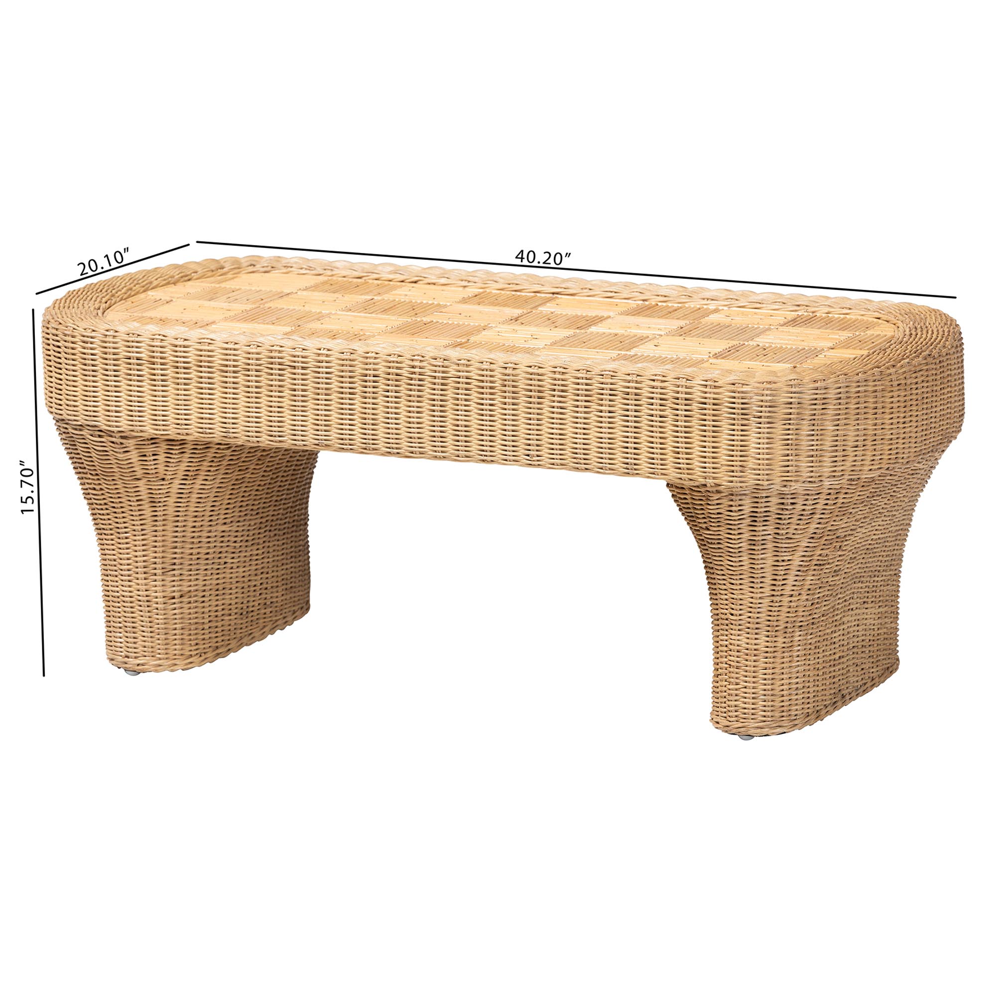bali & pari Canika Natural Rattan Coffee Table - Handwoven Wicker Accent Table with Checkered Tabletop and Waterfall Base for Living Room or Sunroom