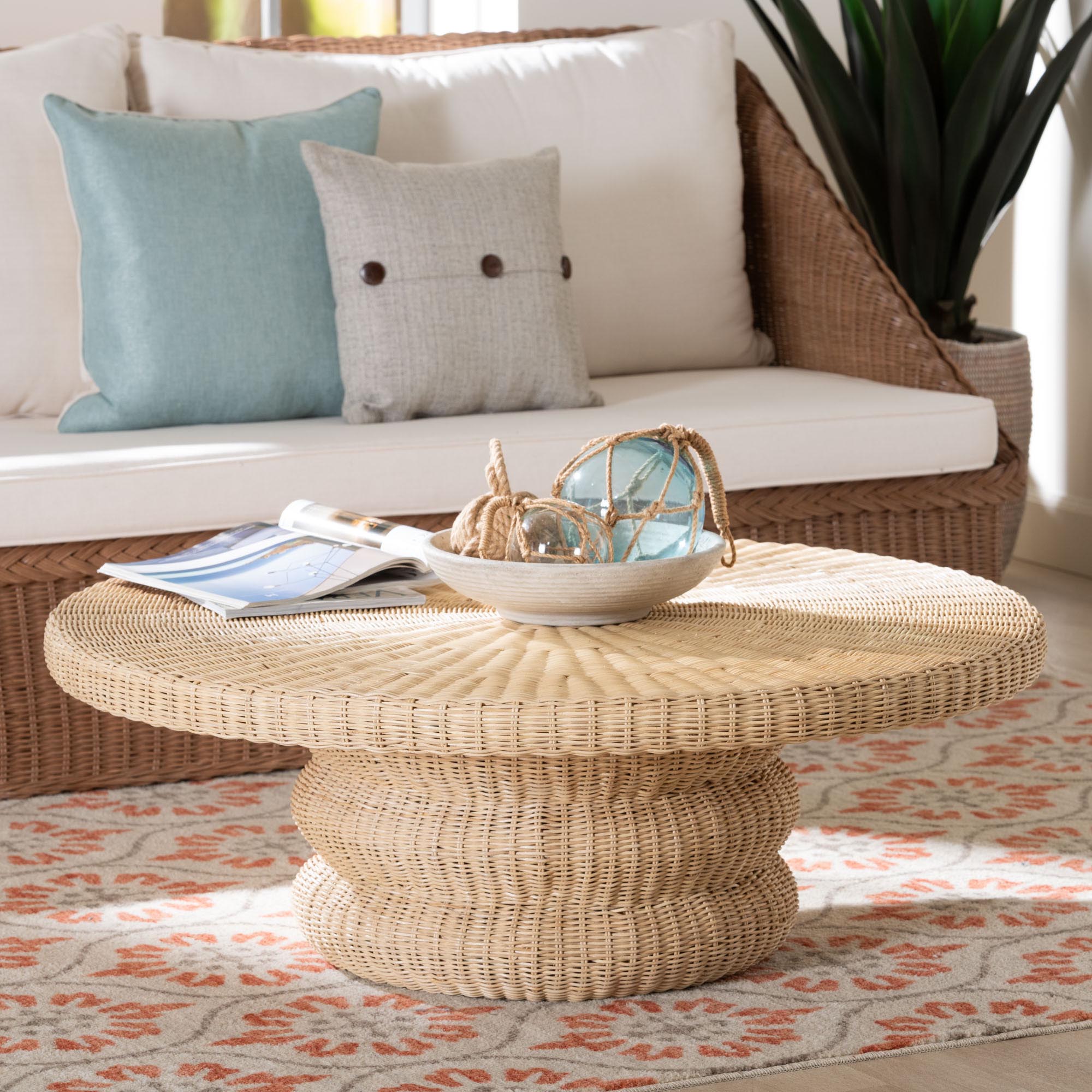 bali & pari Silvia Natural Rattan Coffee Table - Handwoven Wicker Accent Cocktail Table with Pedestal Base for Living Room or Sunroom
