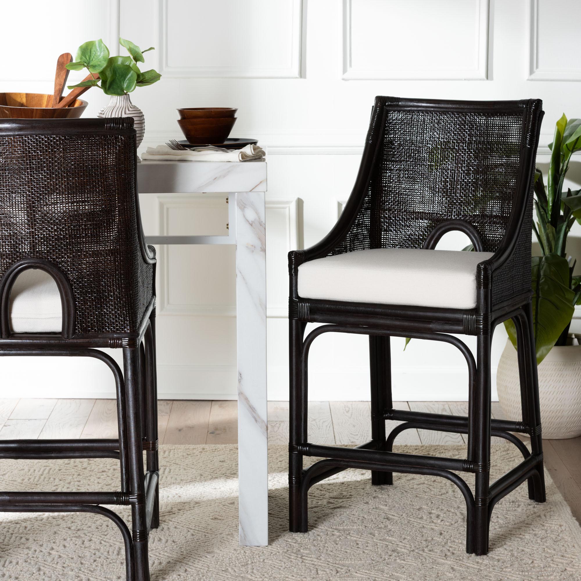bali & pari Acton Natural Rattan Counter Stool - Handwoven Wicker Accent Stool with Tall Back and Sloped Arms, Boho Coastal Kitchen Seating