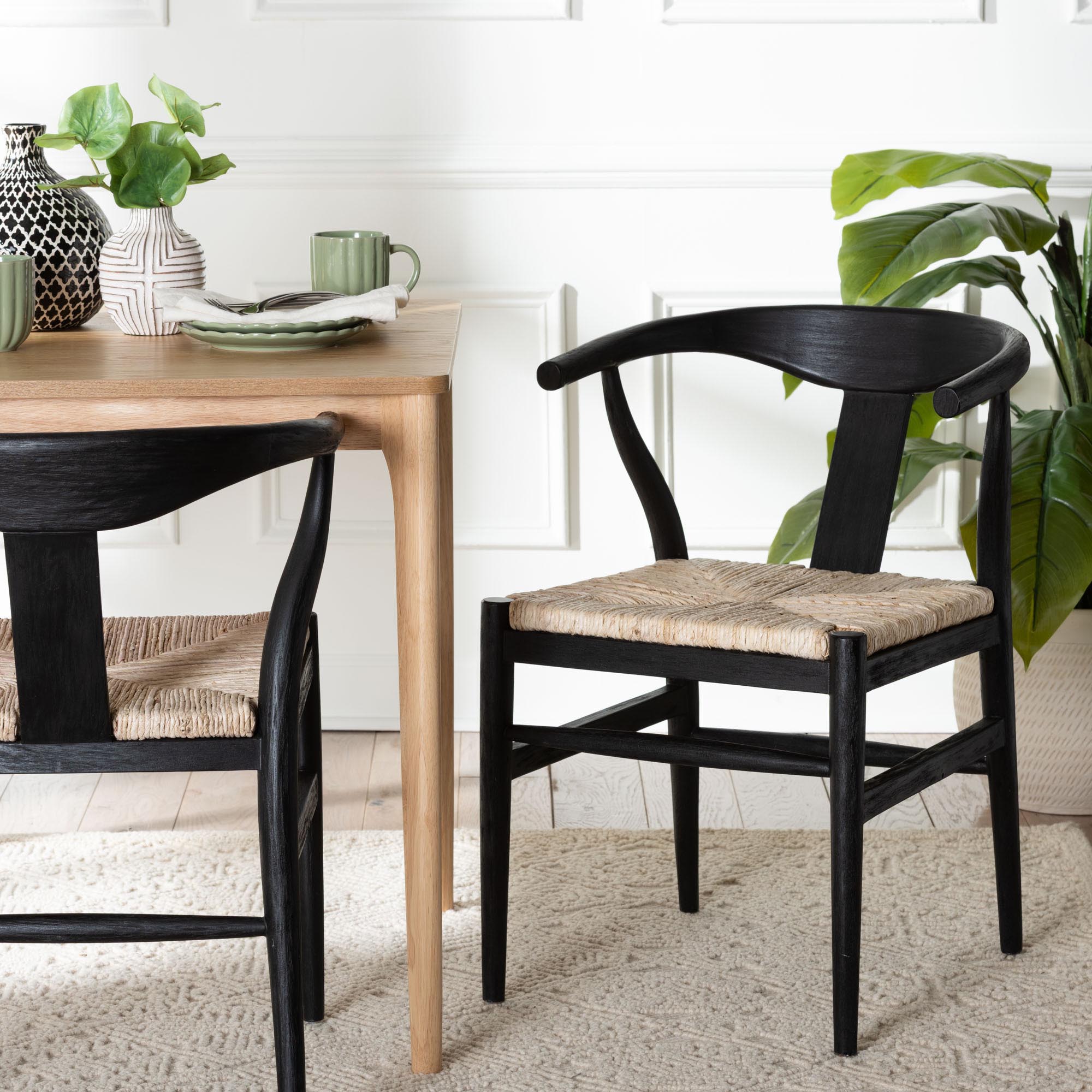 bali & pari Fika Wishbone Dining Chair with Handwoven Seagrass Seat - Mahogany Wood Frame Armchair for Modern Coastal Dining Rooms, Black