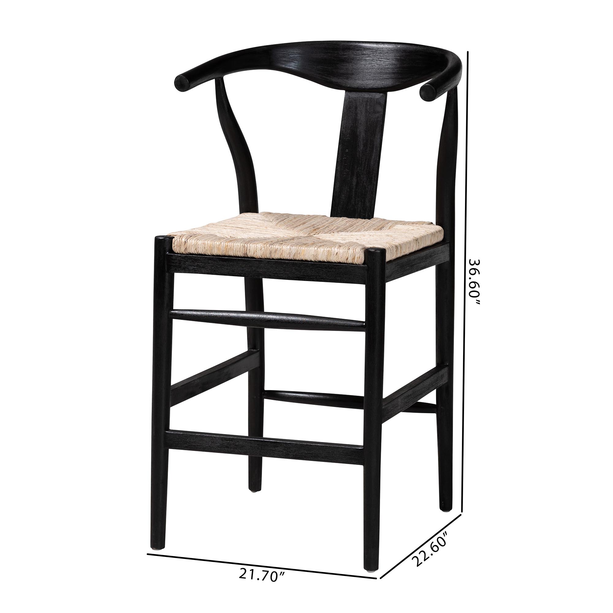 bali & pari Fika Wishbone Counter Stool with Handwoven Seagrass Seat - Mahogany Wood Frame Counter Height Seating for Kitchen Island or Dining Area, Black