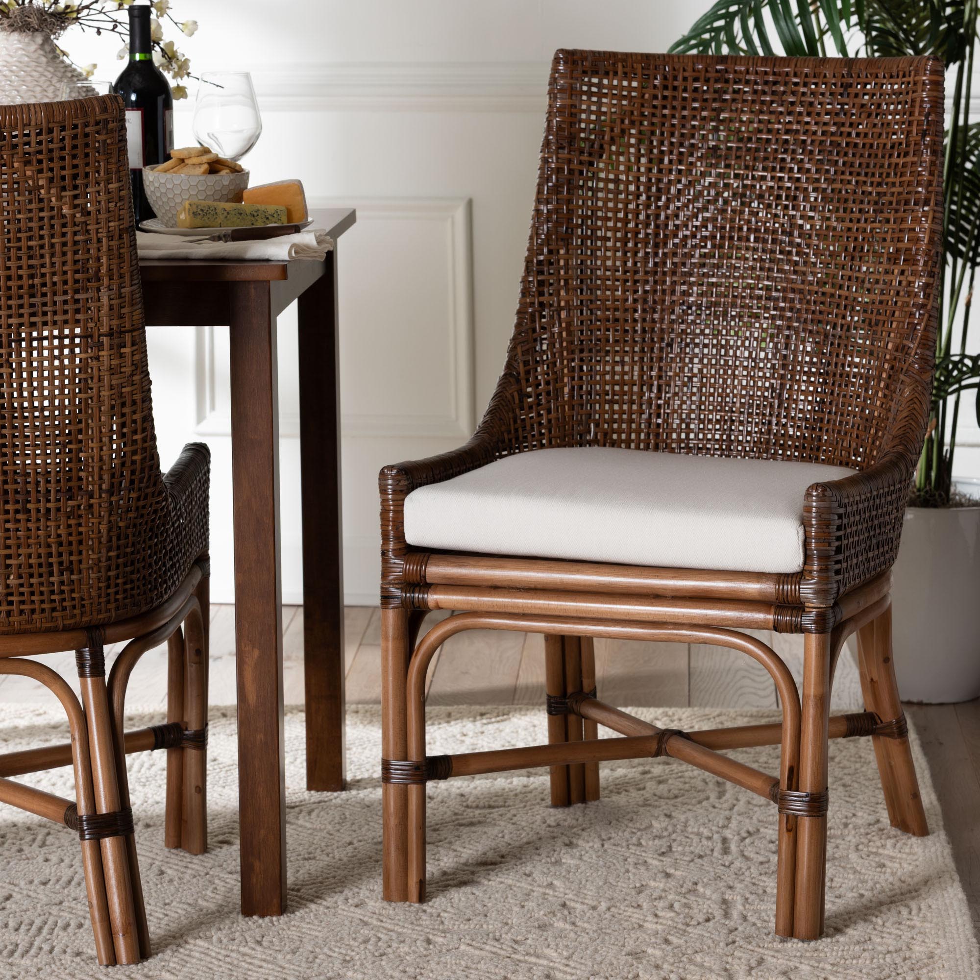 bali & pari Bella Rattan Dining Chair with Cushion - Handwoven Wicker Accent Side Chair with High Backrest, Coastal Boho Seating for Kitchen or Dining Area, Coffee Bean