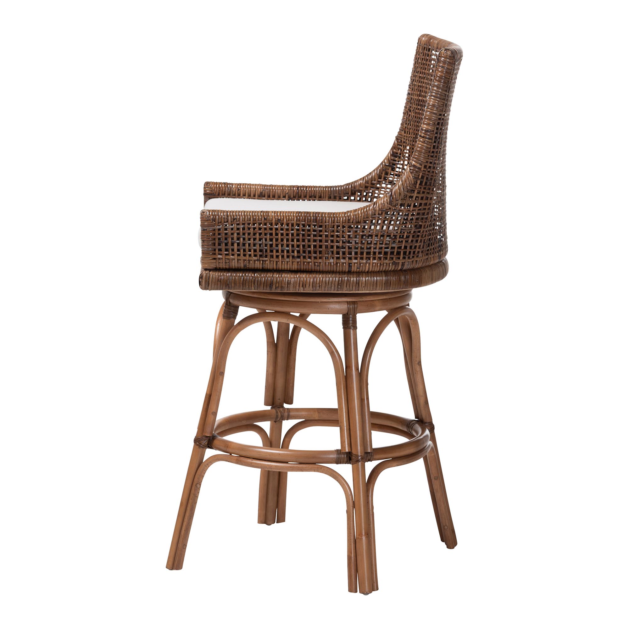 bali & pari Bella Swivel Rattan Bar Stool with Cushion - Handwoven Wicker Bar Chair with Backrest and Footrest, Coffee Bean