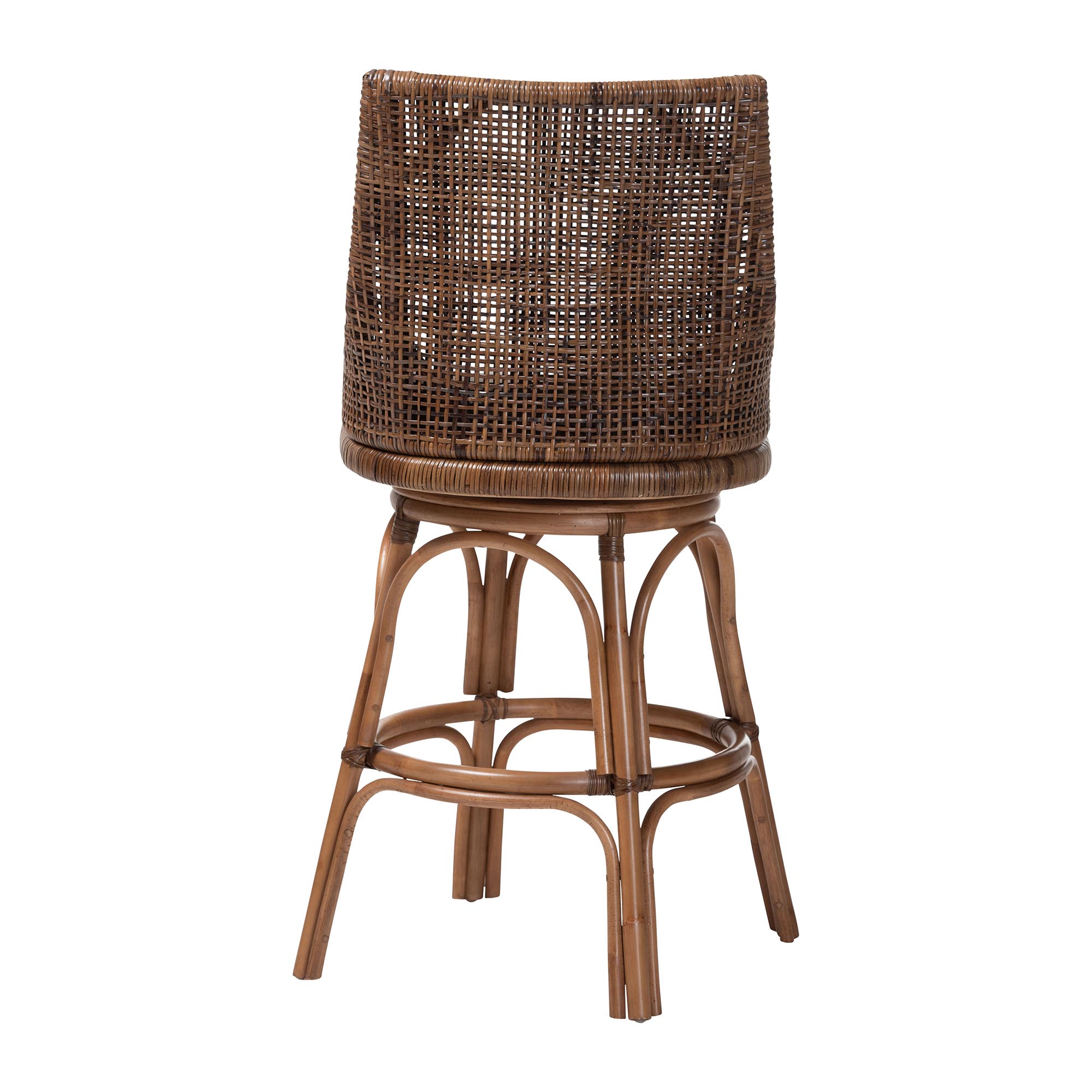 bali & pari Bella Swivel Rattan Bar Stool with Cushion - Handwoven Wicker Bar Chair with Backrest and Footrest, Coffee Bean