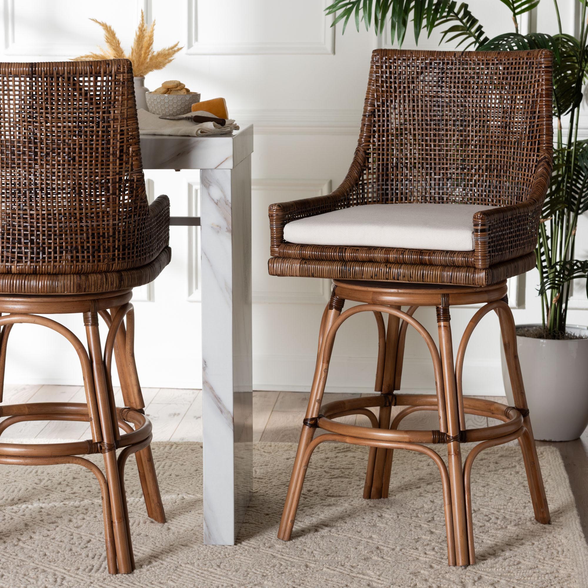 bali & pari Bella Swivel Rattan Bar Stool with Cushion - Handwoven Wicker Bar Chair with Backrest and Footrest, Coffee Bean