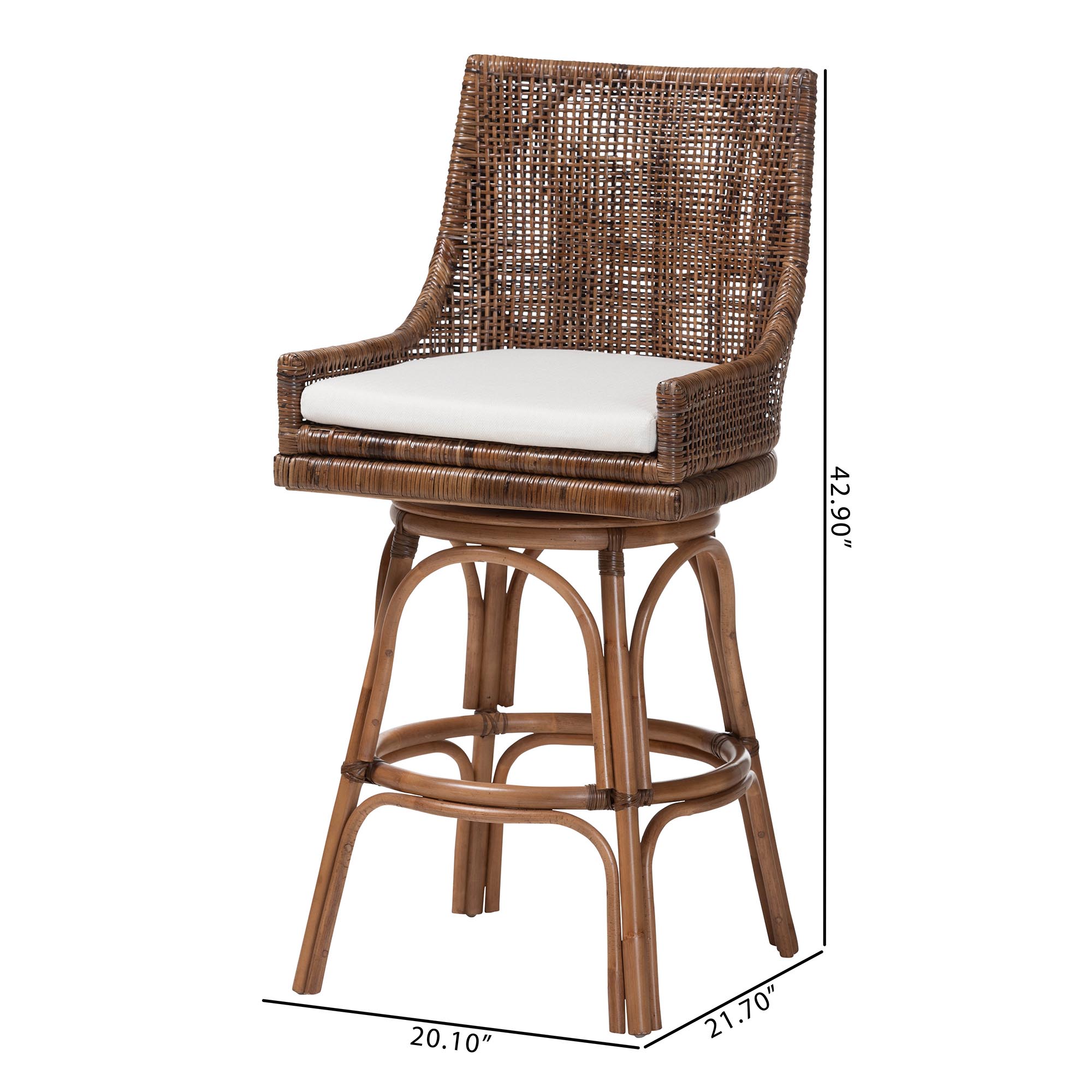 bali & pari Bella Swivel Rattan Bar Stool with Cushion - Handwoven Wicker Bar Chair with Backrest and Footrest, Coffee Bean
