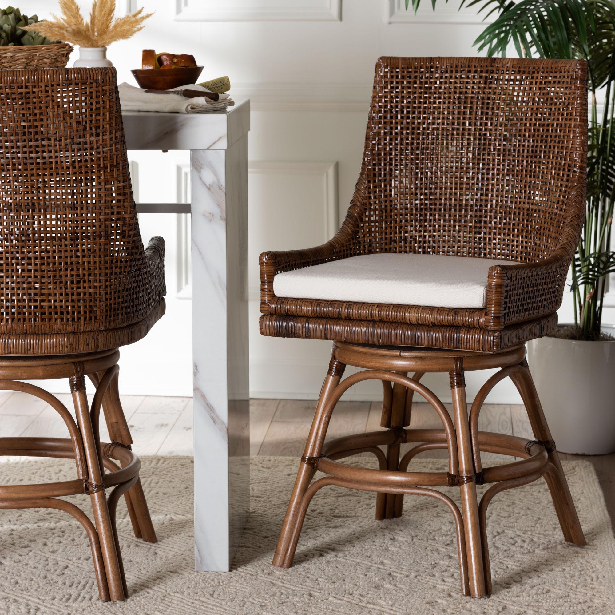 bali & pari Bella Swivel Rattan Counter Stool with Cushion - Handwoven Wicker Kitchen Island Seating with Backrest and Footrest, Coffee Bean