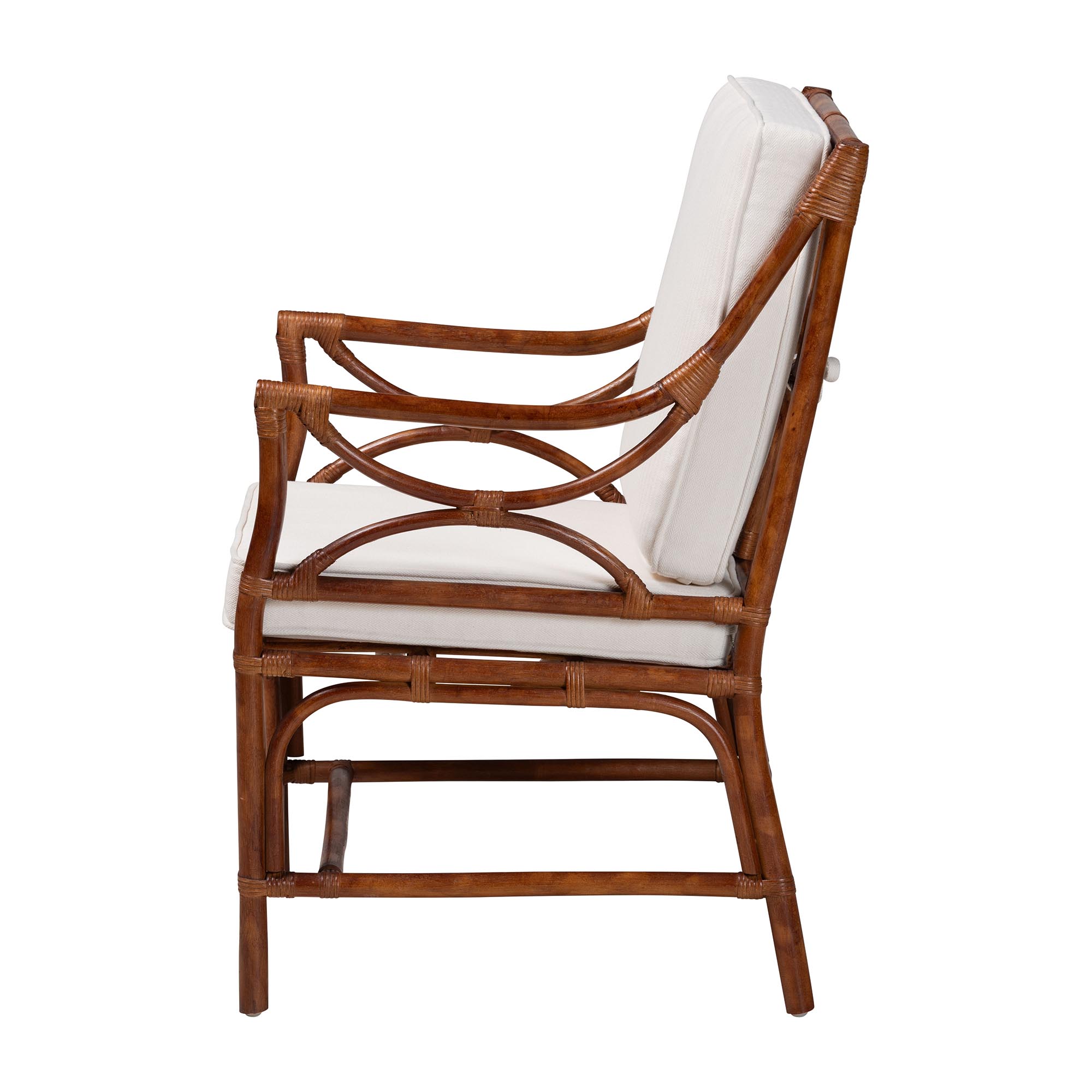 bali & pari Cleantha Marbled Tortoise Natural Rattan Armchair - Handcrafted Wicker Accent Chair with Curved Armrests and Cushioned Seat for Coastal Living Room or Sun Room