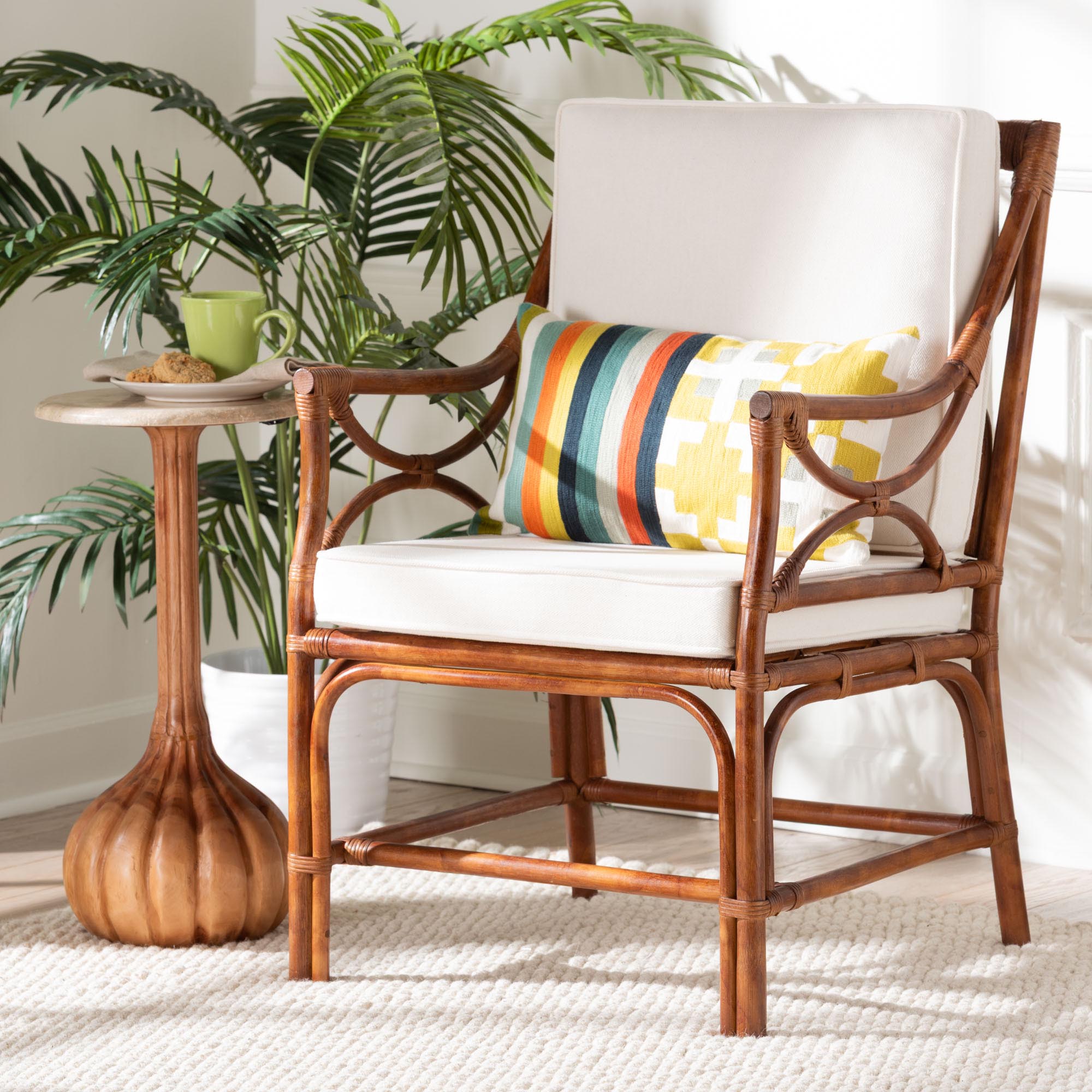 bali & pari Cleantha Marbled Tortoise Natural Rattan Armchair - Handcrafted Wicker Accent Chair with Curved Armrests and Cushioned Seat for Coastal Living Room or Sun Room