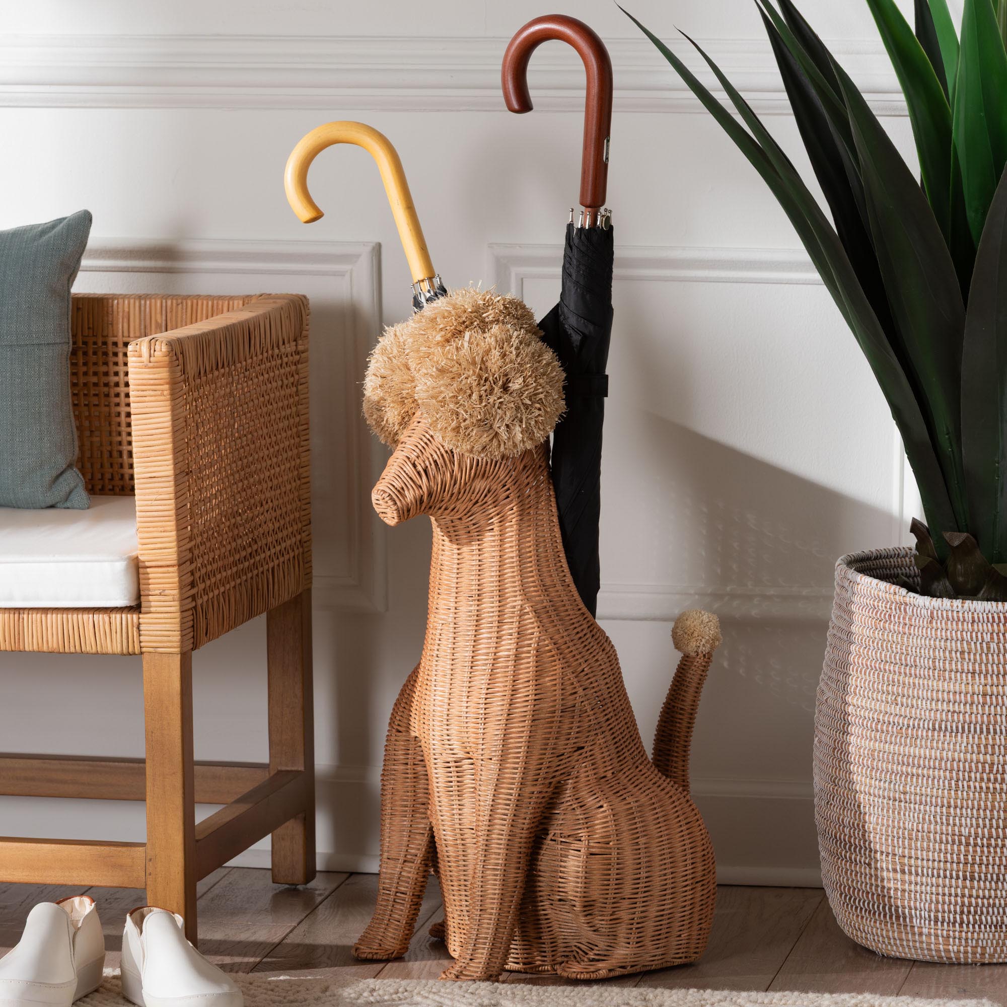 bali & pari Persis Natural Rattan Poodle Umbrella Holder - Handwoven Wicker Storage Solution