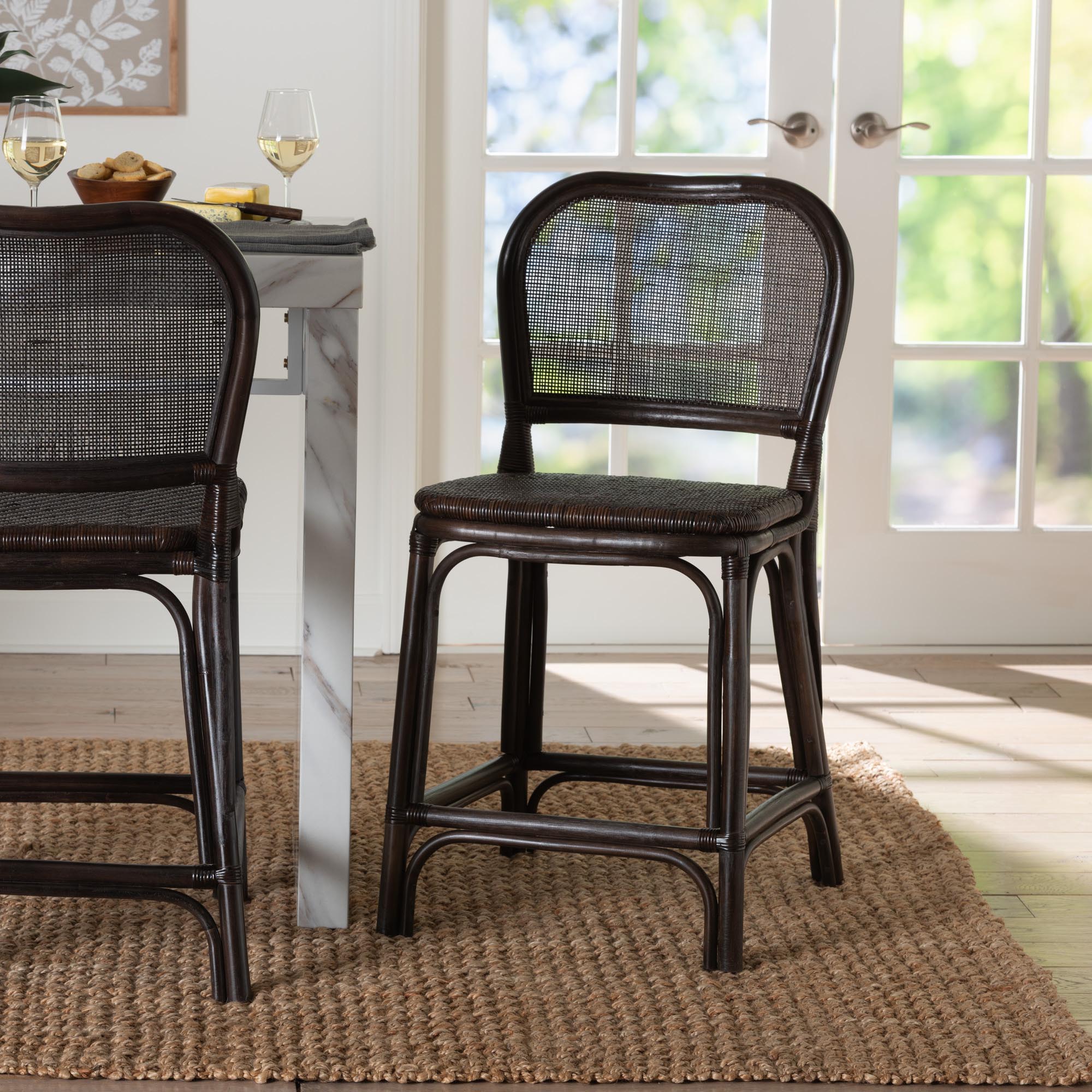 bali & pari Irene Natural Rattan Counter Stool - Handwoven Wicker Accent Stool with Lattice Backrest for Kitchen Island Seating