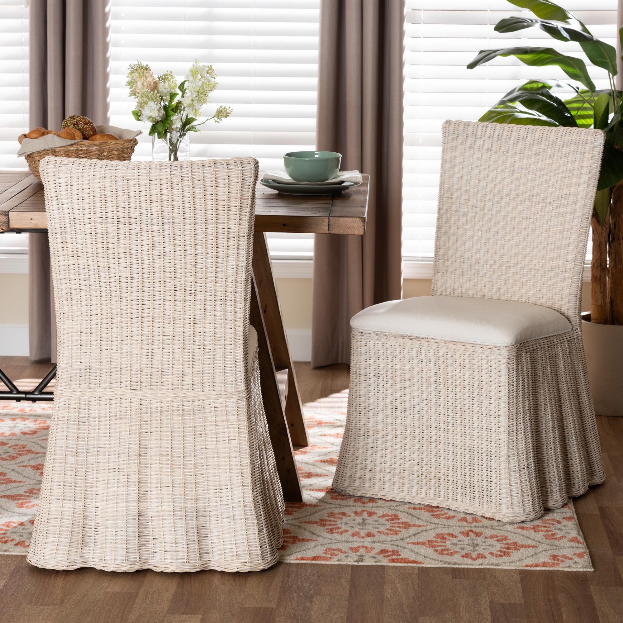 bali & pari Sara Natural Rattan 2-Piece Dining Chair Set - Handwoven Wicker Accent Chair with Scalloped Skirt Base and Tall Backrest