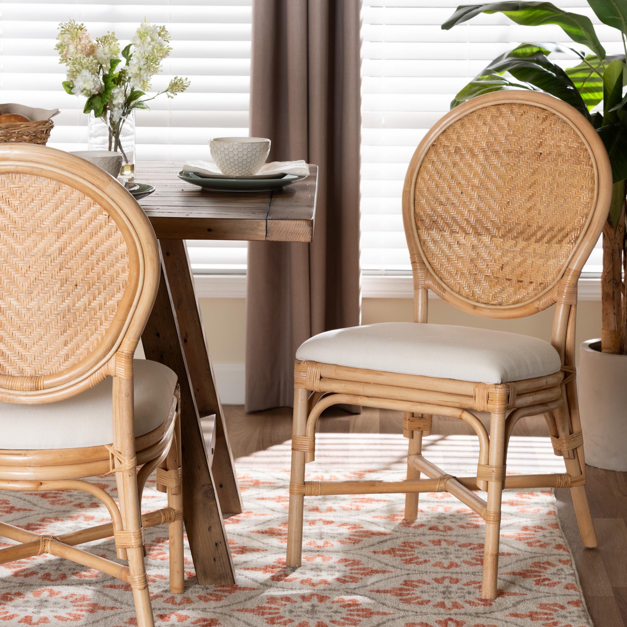 bali & pari Elmer Natural Rattan Dining Chair - Handwoven Wicker Accent Chair with Cushioned seat for Kitchen or Dining Room, Natural Brown
