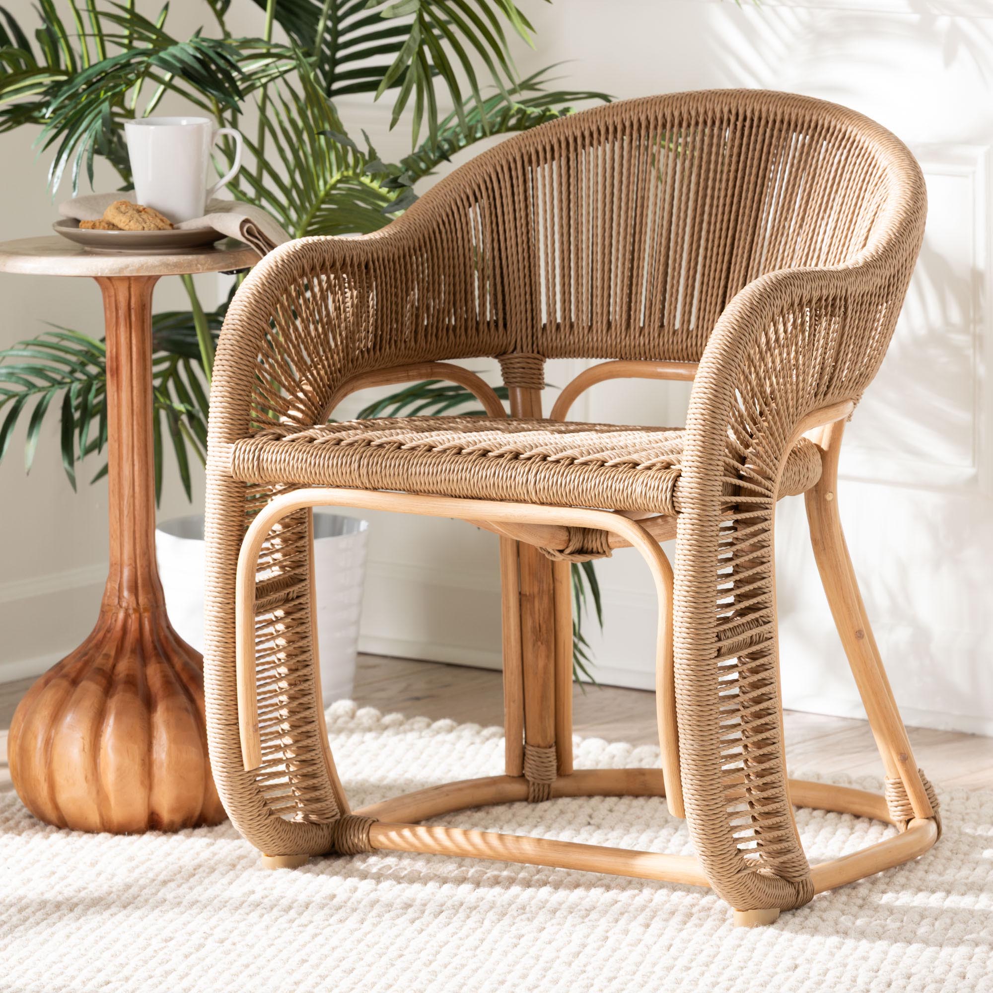 bali & pari Isra Natural Rattan Accent Chair with Handwoven Synthetic Wicker - Curved Barrel Back Lounge Chair for Coastal Living Spaces