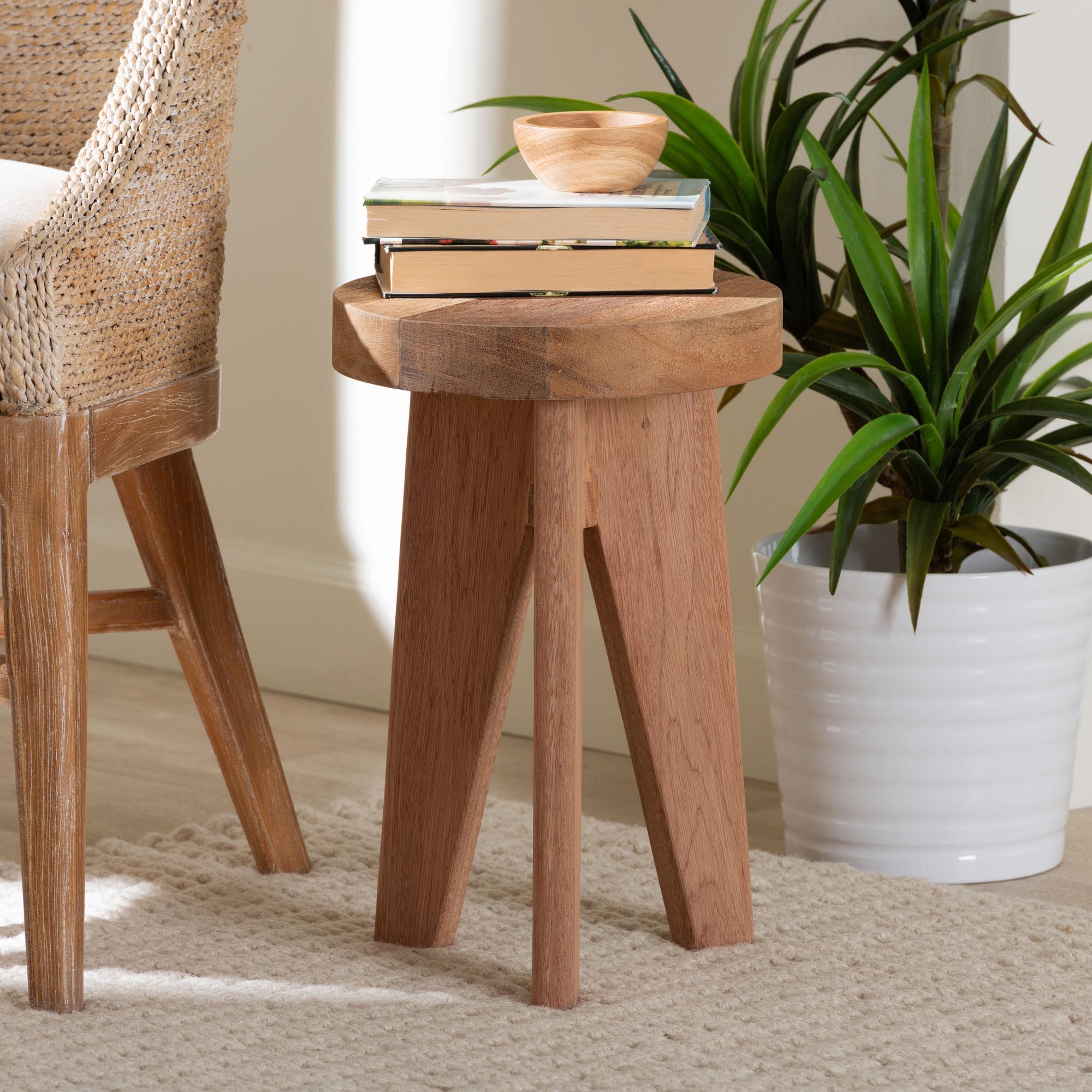 bali & pari Sayen Acacia Wood Multipurpose Accent Stool - Sculptural End Table with Flared Tripod Base for Living Room, Bedroom or Dining Room